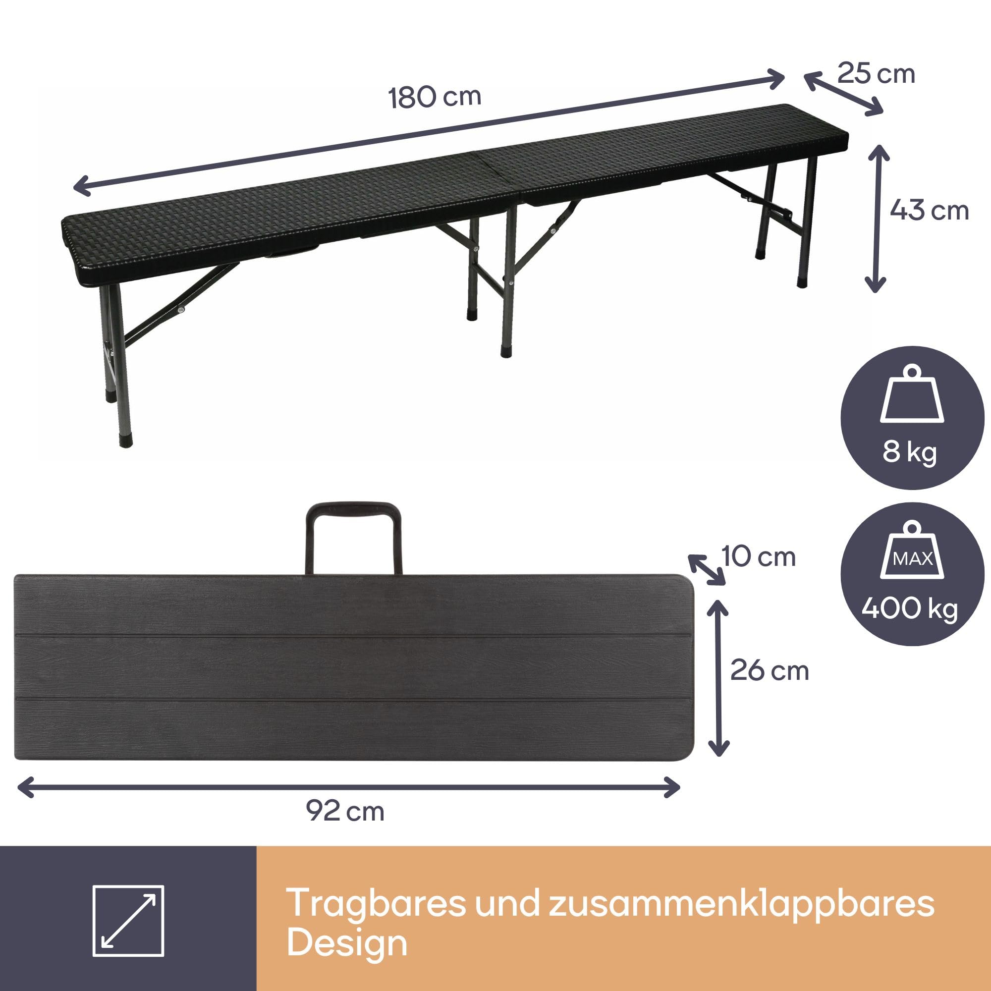 Perel Klappbank, klappbar, wetterfest, Tragegriff, Rattan-Optik, maximal 400 kg, Schwarz |