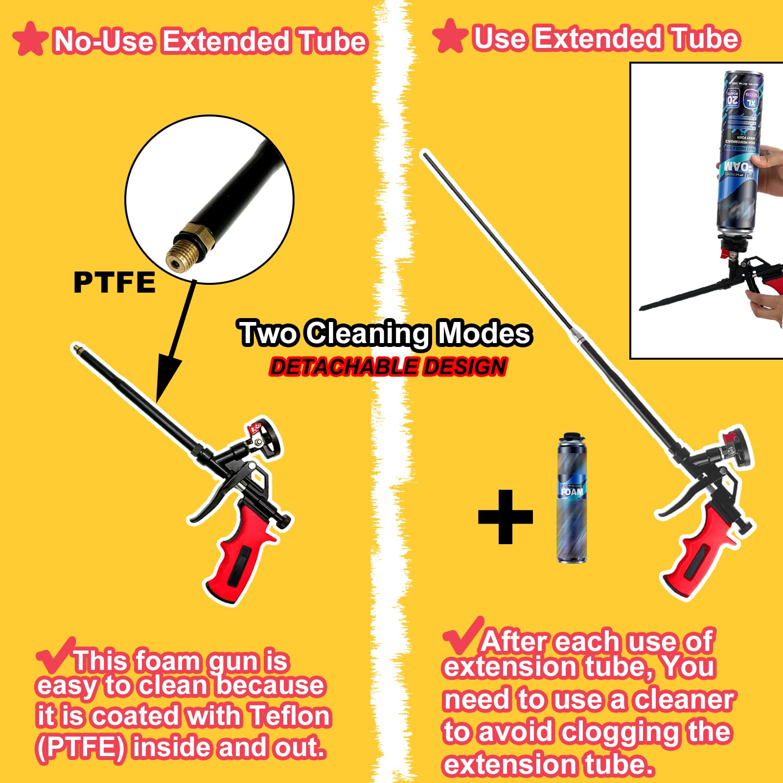 Pistola per schiuma estensibile 63cm - Cesto rivestito PTFE antiaderente, pistola professionale per schiuma espandente, isolamento, calafataggio, riempimento, sigillatura (Rossa)