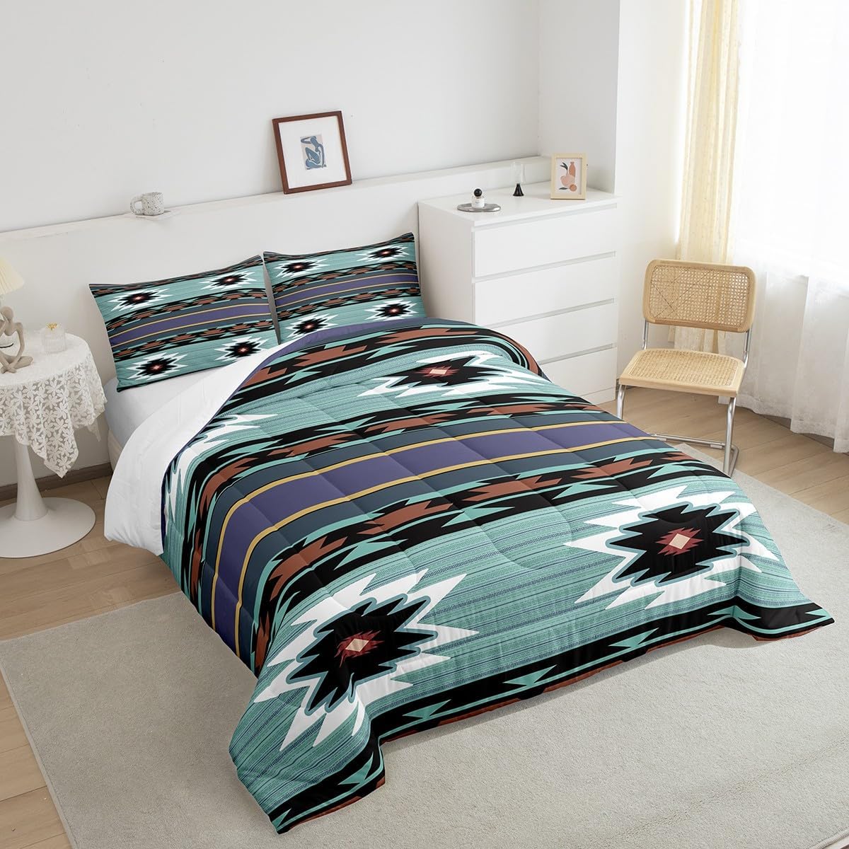 Feelyou Western Decor Bedding Set Southwestern Comforter Set for Kids Boys Girls Teens Bedroom Decor Cowboy Aztec Down Comforter Twin Size Turquoise Blue Native Indian Tribal Navajo Quilt Set 2Pcs