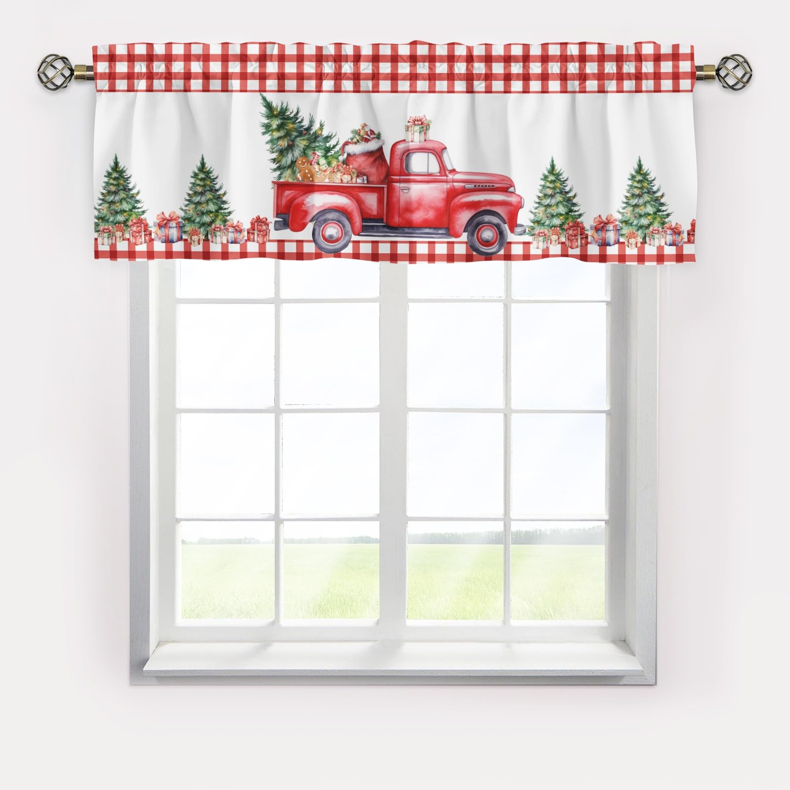 Hliyty Christmas Truck Curtains Valance,Short Curtains Valance for Small Window,Blackout Kitchen Curtain,Curtains Rod Pocket Valances,Christmas Decor Curtains for Kitchen Living Room Bedroom Bathroom
