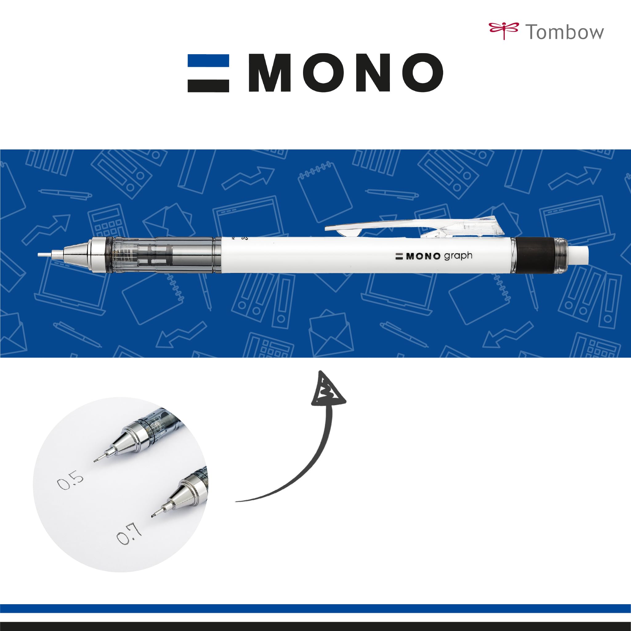 Tombow MONO Graph en MONO gum, 0,5 mm, ijsblauw, precisie met 4 mm punt, innovatief schudmechanisme, stabielere messing tang, navulbaar, incl. gum [ SH-MG44-PE04A