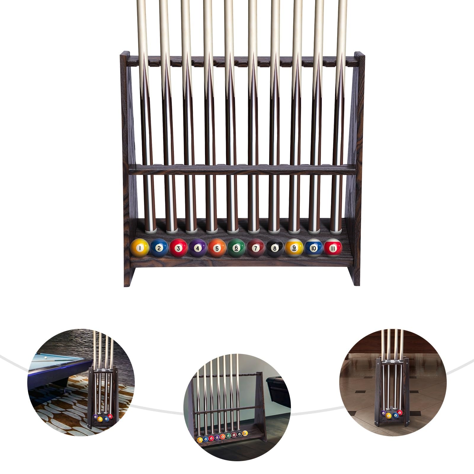 Soporte para taco de billar y bolas de billar, para herramientas de billar, para 10 palos de billar, color marrón
