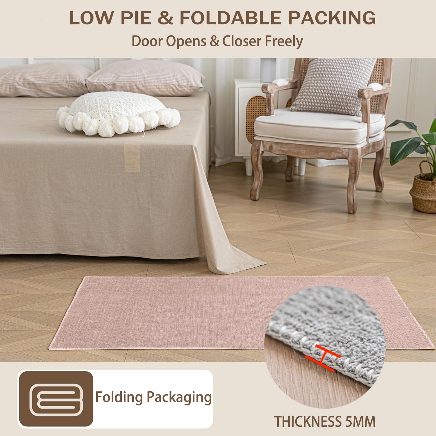 Evitany Low Pile Rug,Pink Rugs for Bedroom,Chenille Bedside Short Pile Rug,Washable Rugs Living Room,Soft Non Slip Carpet for Lounge Kids Room,Office,Kitchen,Dining (Pink,60x90 cm) - Image 4