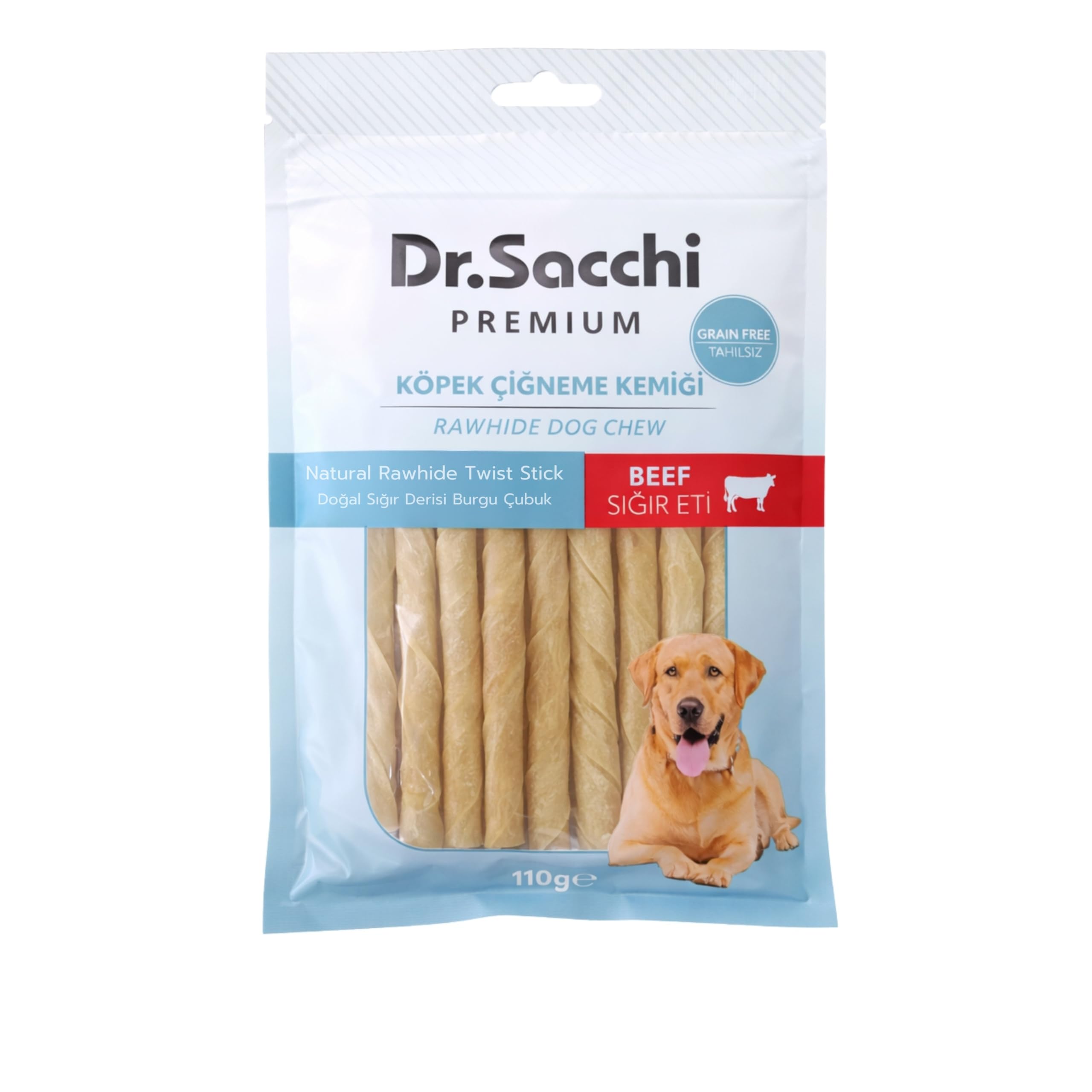 Dr.Sacchi Premium Sığır Etli Doğal Sığır Derisi Burgu Çubuk Tahılsız Köpek Ödülü 5" 7-8 Gr 15'li