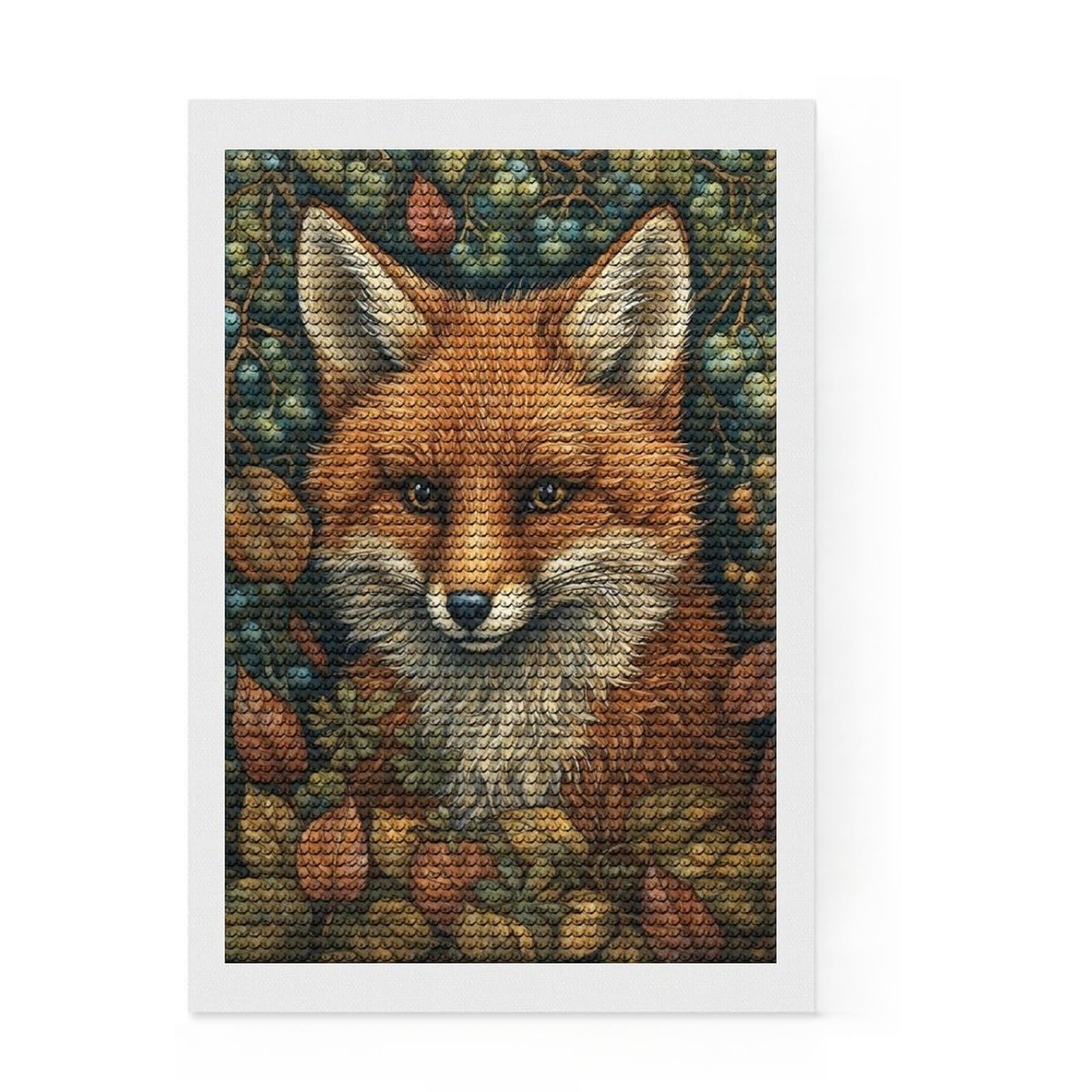 Junmoney Fox in Whimsical Forest Round Drill Diamond Painting 8"x12", Calming Craft to Unwind, Printed Canvas, Cosy Home Accent, Festive Craft Gift