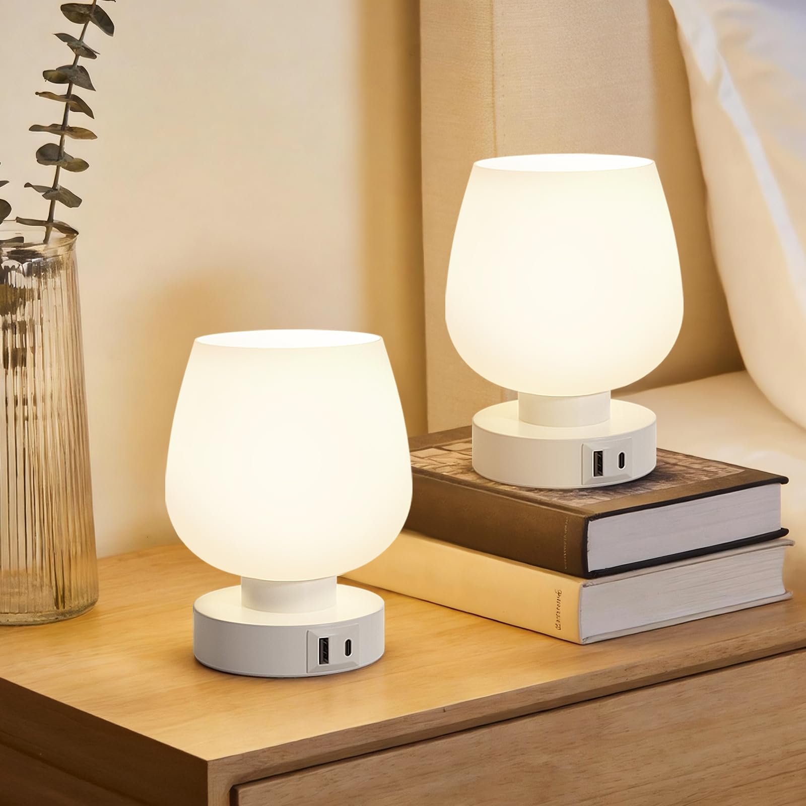 PreeOtti Nachttischlampe Touch Dimmbar 2er Set, Tischlampe mit USB A+C Anschlüsse LED Birne, 3-fach Dimmbar, Kleine Glas Lampe für Nachttisch Schlafzimmer Wohnzimmer Babyzimmer