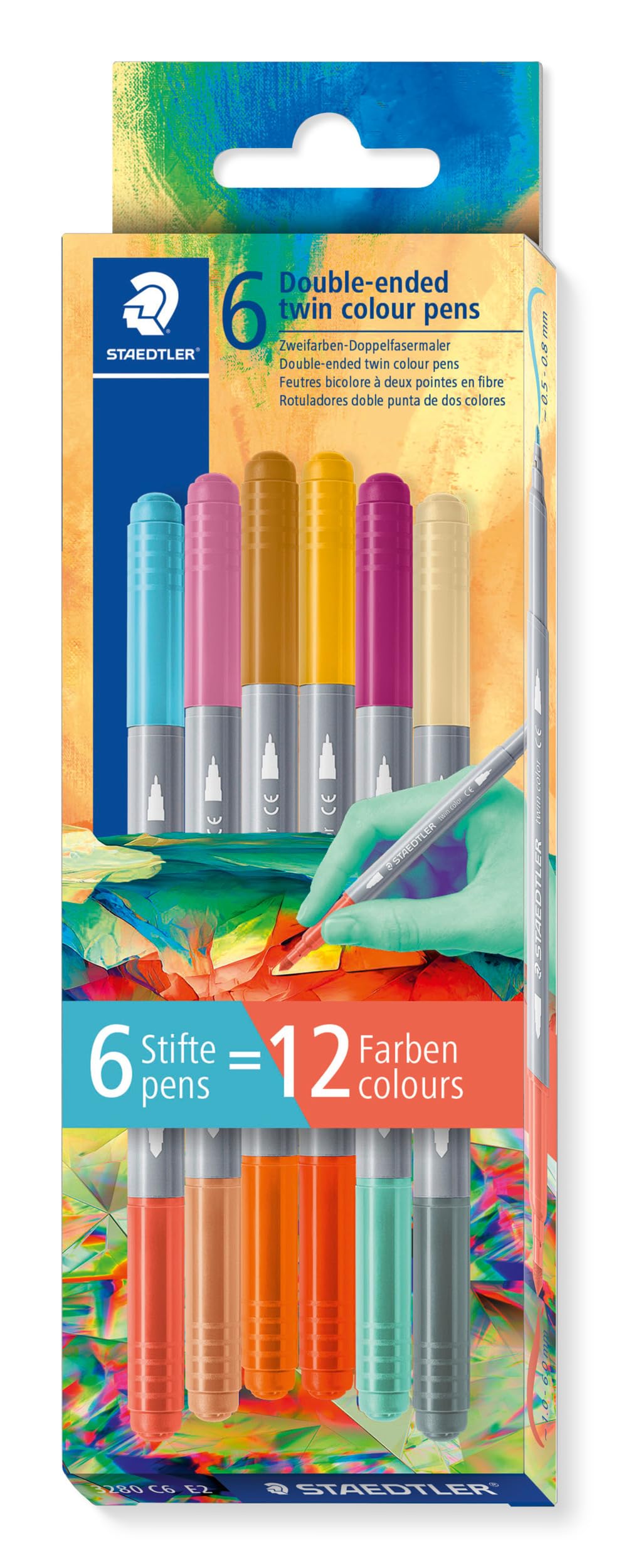 STAEDTLER 3280 Bi-Colour Dual Tip Markers with Two Tips, Two Different Colours, Line Widths 3 mm and 1 mm, Cardboard Case with 6 Assorted Colours, 3280C6E2-2