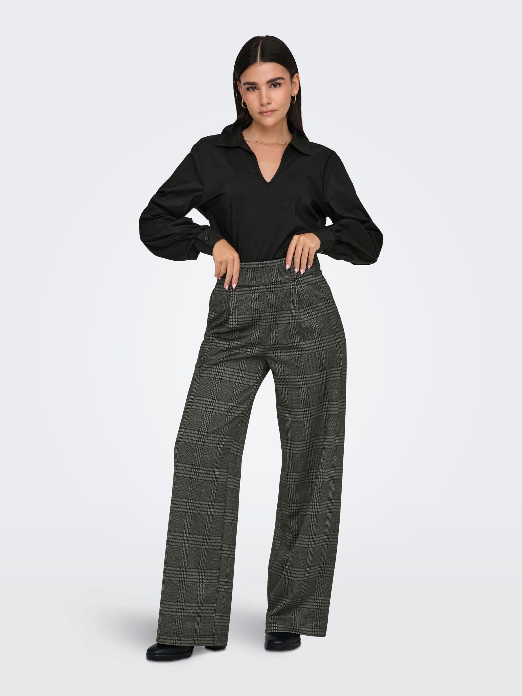 JDY Damen Karierte Stoffhose Elastisch Weite Marlene Pants Elegante Palazzo Culotte