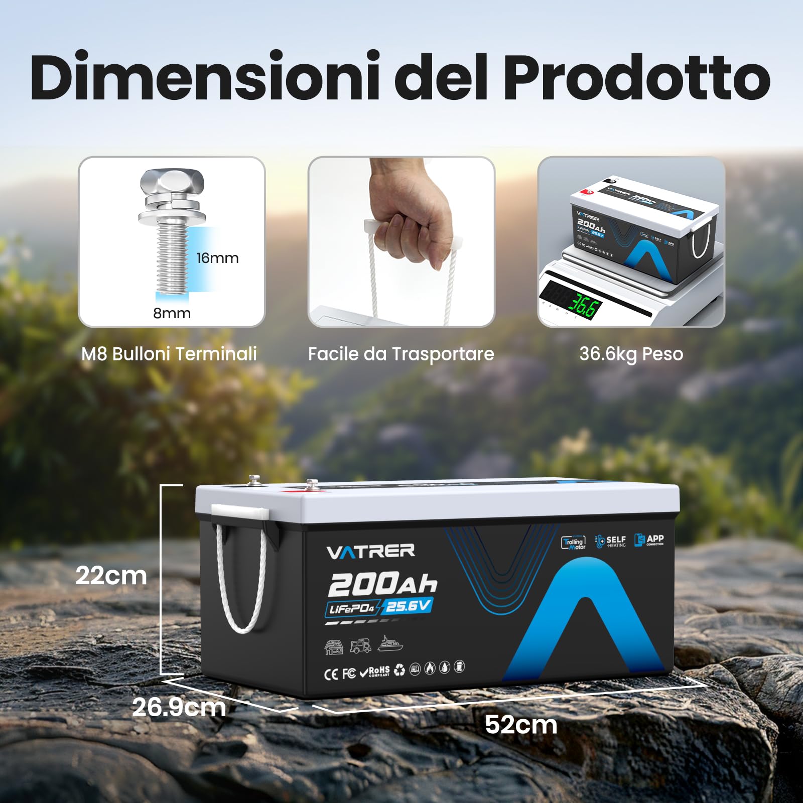 VATRER POWER Batteria LiFePO4 25,6V 200Ah Autoriscaldante Bluetooth | BMS Smart 200A·5120Wh Energia Utilizzabile·5000+ Cicli·Motore Elettrico,Camper & Fotovoltaico