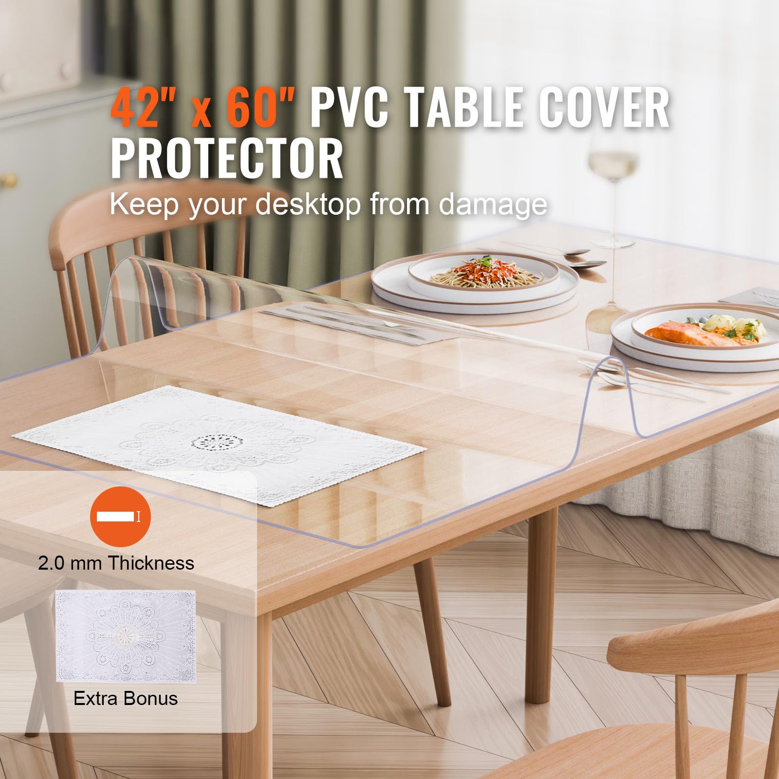 Happybuy Plastic Table Cover, 42 x 60 Inch 2.0 mm Thick Clear Table Protector, Rectangle PVC Desk Mat, Waterproof & Easy Cleaning Desk Pad for Office, Dining Room, Night Stand