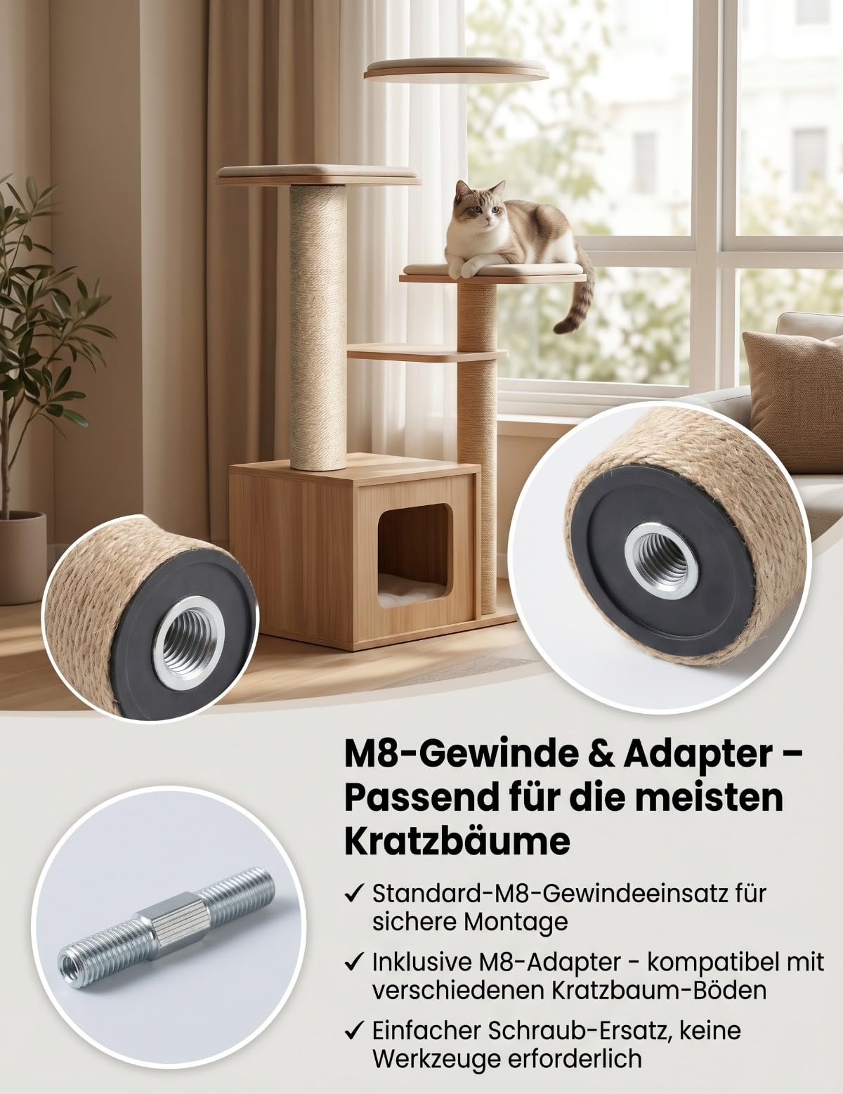 kratzbaum ersatzstamm M8 sisalstamm katzenbaum ersatzteil 2er | Zwei dicke Natursisal-Säulen für Katzenmöbel. Passend für Ø 8cm Zylinder & M8 Schraubgewinde. Robustes sisalseil zum Basteln.