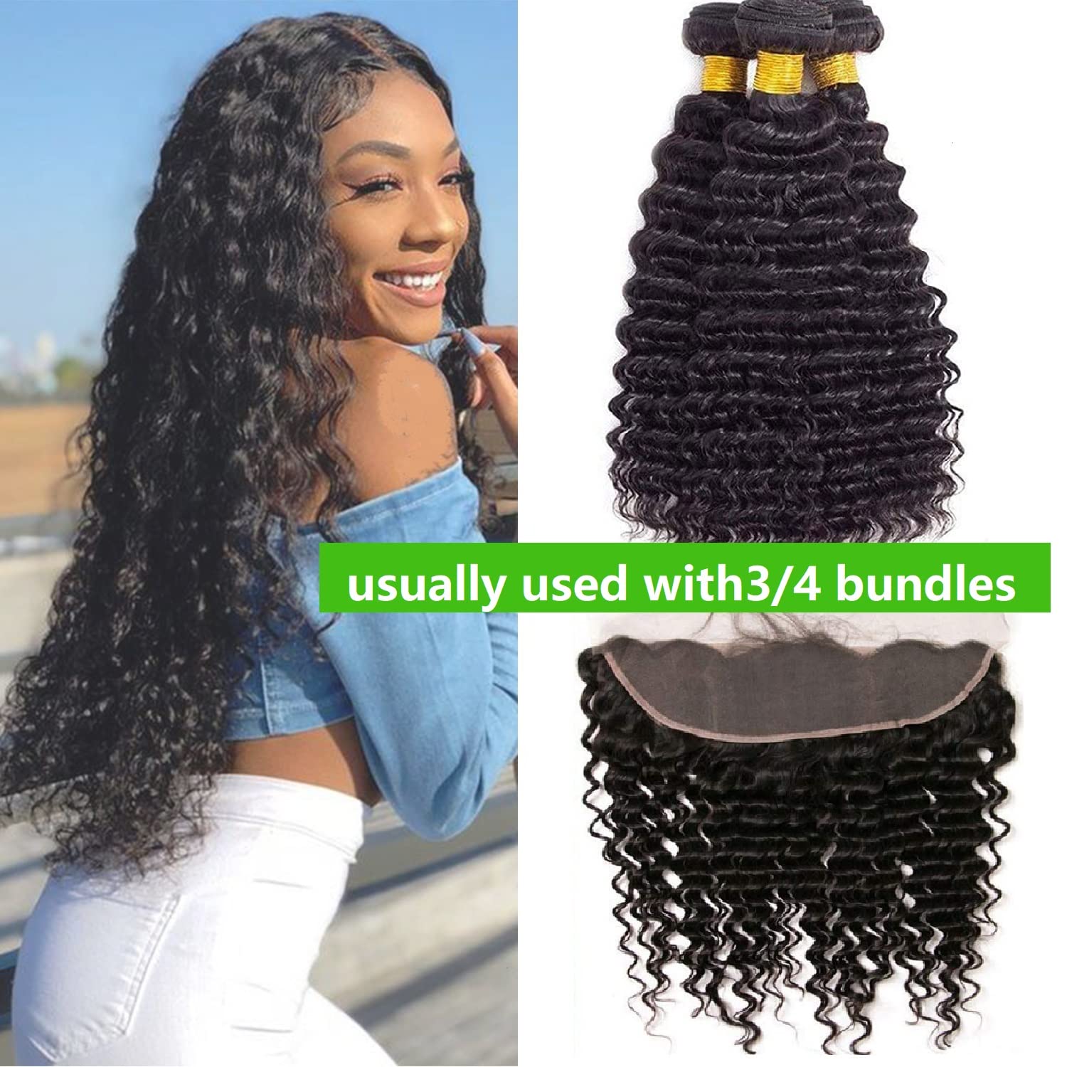 18A Deep Wave 13x4 Ear to Ear Lace Frontal Closure 20 Inch 100% Unprocessed Brazilian Virgin Human Hair Swiss Lace Frontal Closure 200% Density Pre Plucked With Baby Hair Natural Color