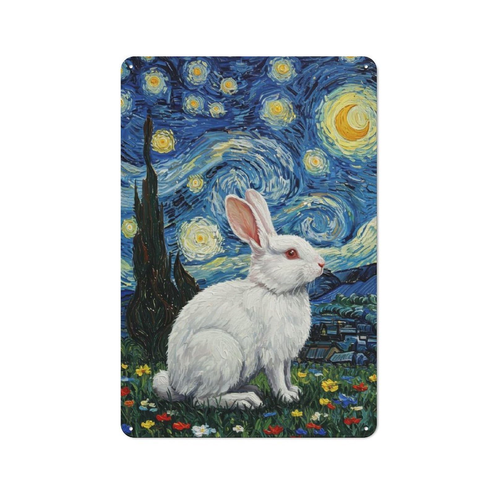 Junmoney White Rabbit In Starry Night Style Rustic Decorative Tin Sign 30X20cm, Cottage Wall Art For Cottage, Kitchen, Hallway Or Breakfast Nook