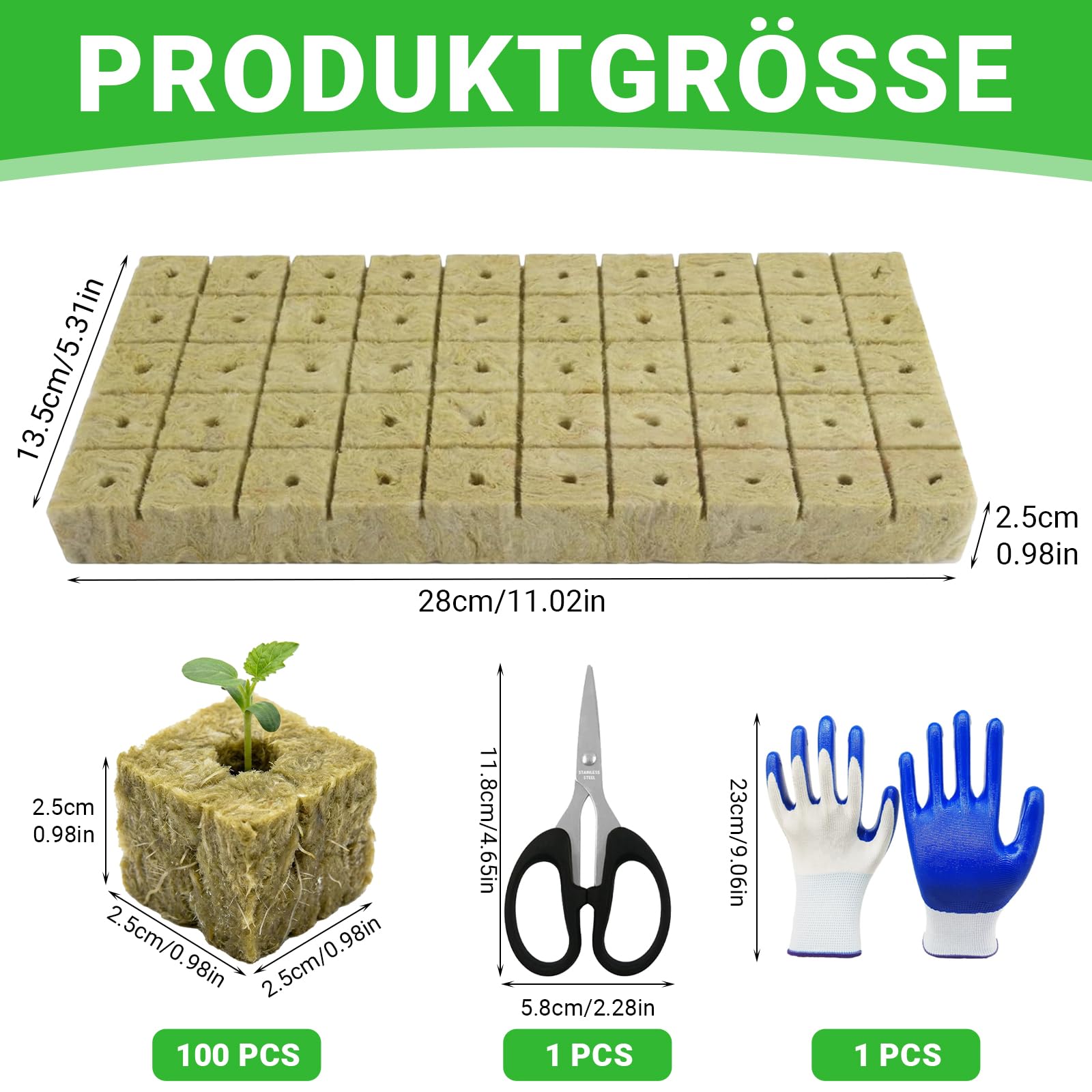 100 sztuk wełny mineralnej, 25 x 25 x 25 mm, Rockwool Cube z nożyczkami, rękawice, Easy Plug kostki do uprawy wełny kamiennej, zestaw do uprawy sadzonek, sadzonek, bezdennych