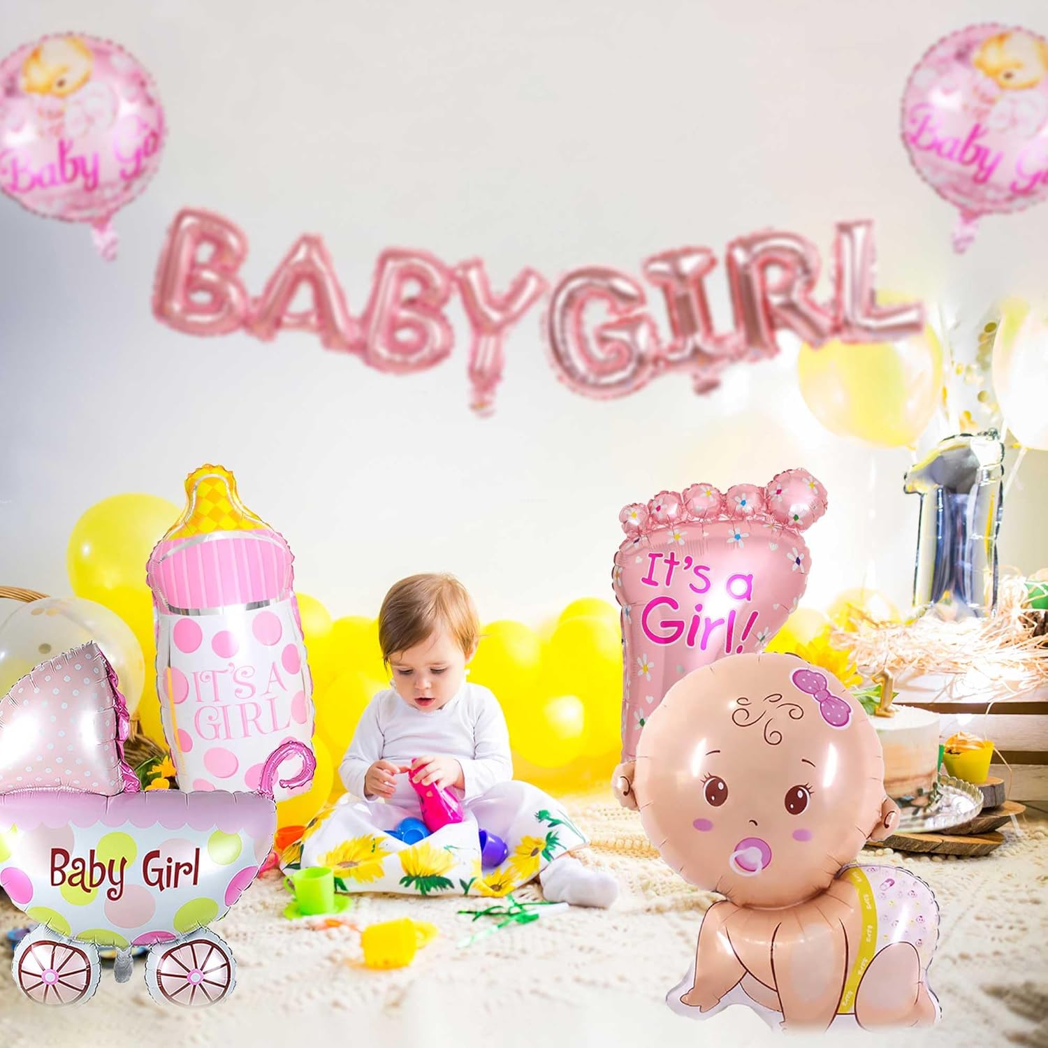 Baby Shower Balloons Girl Set - 10 Pcs Pink Its A Girl Mylar Letter Bottle Foil Balloons Banner For Welcome Home Gender Reveal Party Decorations Supplies