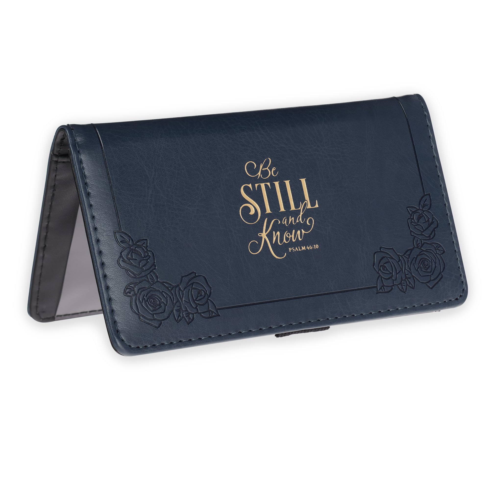 Checkbook Cover for Women and Men with Inspirational Scripture - Be Still and Know - Navy Faux Leather Checkbook Cover for Duplicate Checks, ID, Cards & Pen Loop - Psalm 46:10