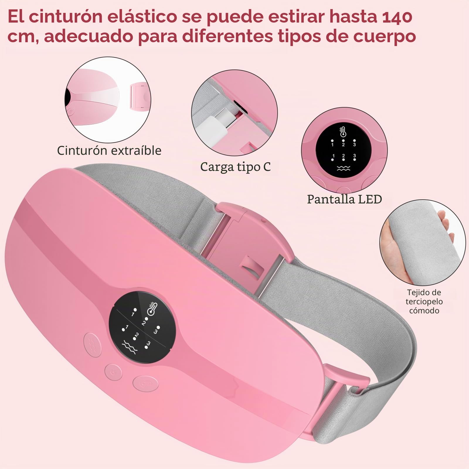 Almohadilla Térmica Menstrual, KBCASE Portátil Cinturón de Calentamiento Eléctrico Inalámbrico Almohadilla de Calefacción 3 Modos de Masaje para Período Menstrual Alivio del Dolor de Espalda (Rosa)