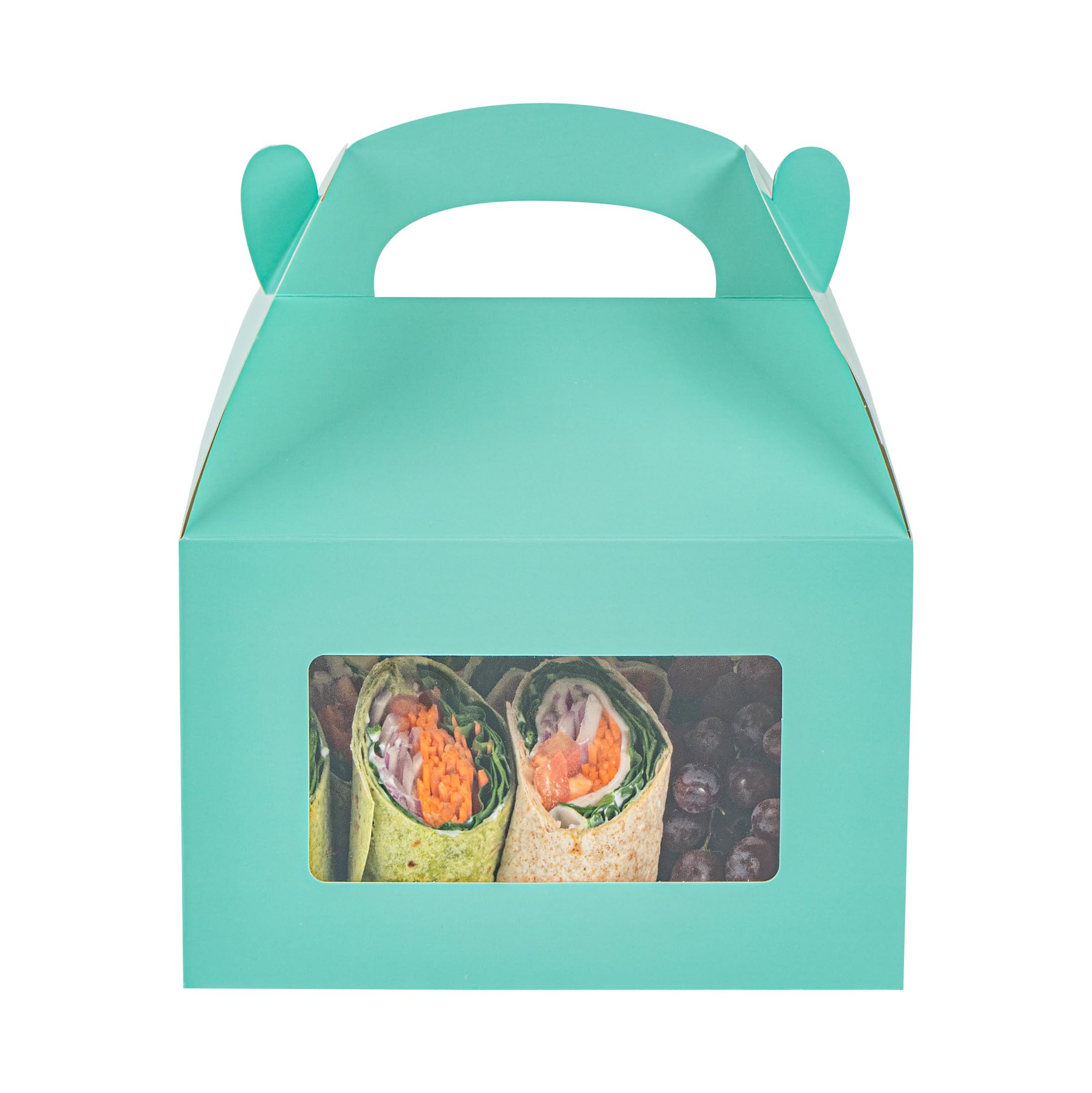 Restaurantware Bio Tek - Cajas a dos aguas de 8.5 x 4.8 x 5.5 pulgadas para recuerdos de fiesta, 100 atractivas cajas de regalo, ventana de PET transparente, con asa integrada, cajas de granero de