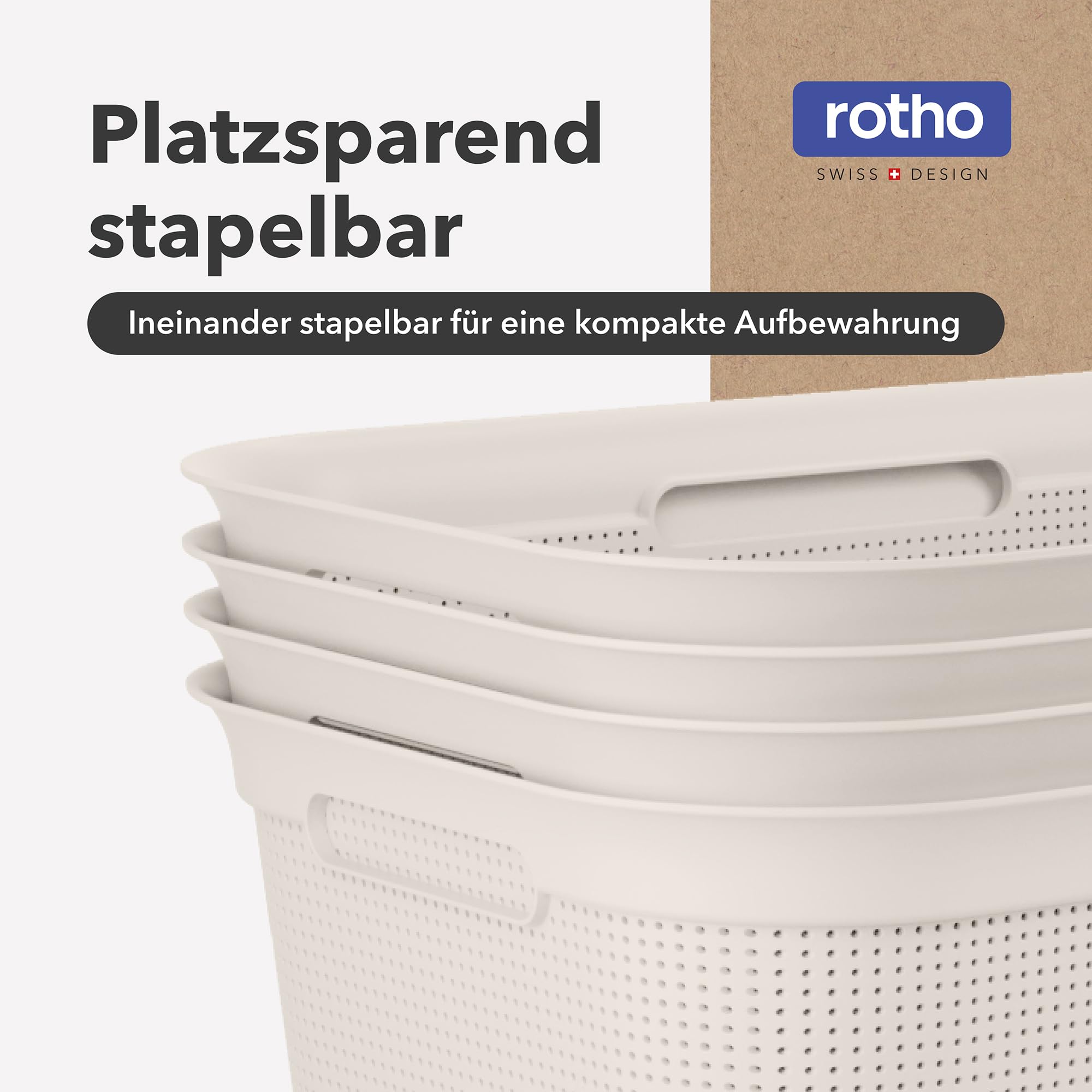 Rotho Brisen 4er-Set Wäschekorb 40l | leichter Wäschesammler mit 4 Griffen für bequemes Tragen | mit Belüftungslöchern | robust & langlebig | einfach zu reinigen & hygienisch | beige