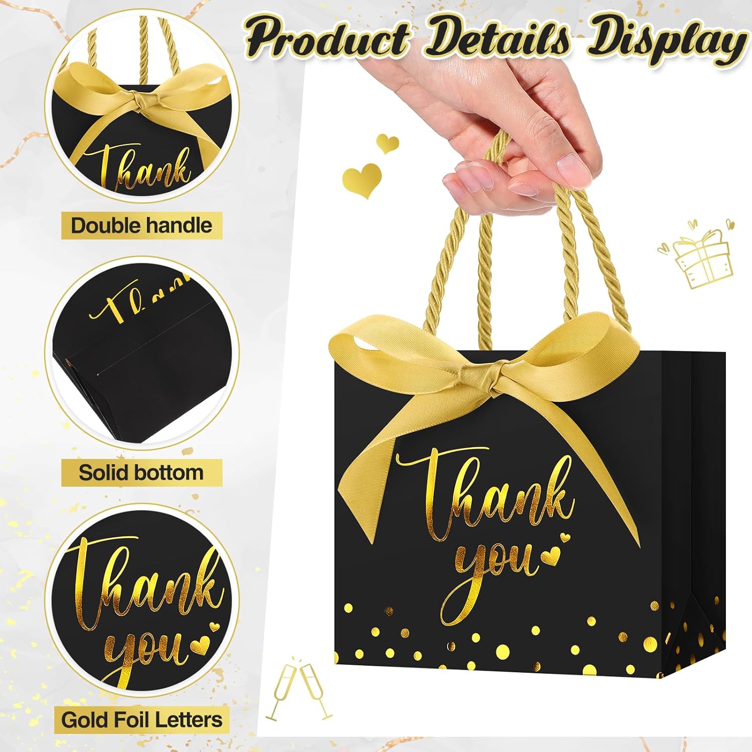 Jetec 45 Pcs Mini Paper Gift Bag Bulk 5.5 x 4.7 x 2.5'' Small Thank You Favor Bag with Handle Bow Ribbon for Valentine Wedding Baby Bridal Shower Birthday Anniversary Party(Black/gold) - Image 4
