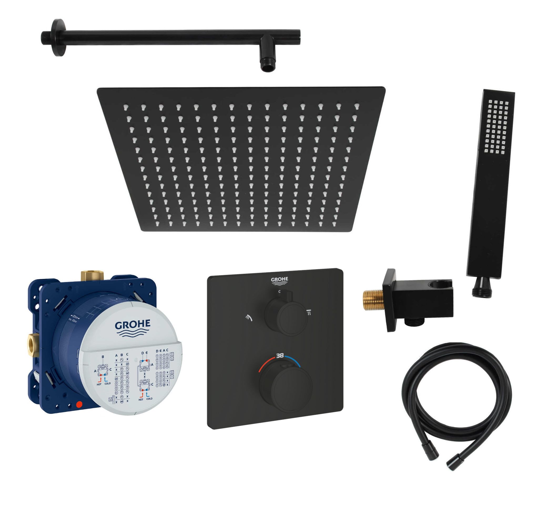 vanvilla Duschsystem mit Unterputz Duscharmatur von Grohe Grohtherm Thermostat und vanvilla Regendusche mit Armatur, Duschkopf, Dusch-SET GS05 schwarz matt