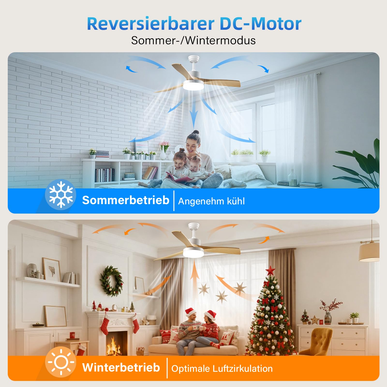 EppieBasic Ventilateur de Plafond avec Lumière LED 3000LM 132cm Moteur DC Silencieux Télécommande 6 Vitesses 3 Pales Bois Design Moderne