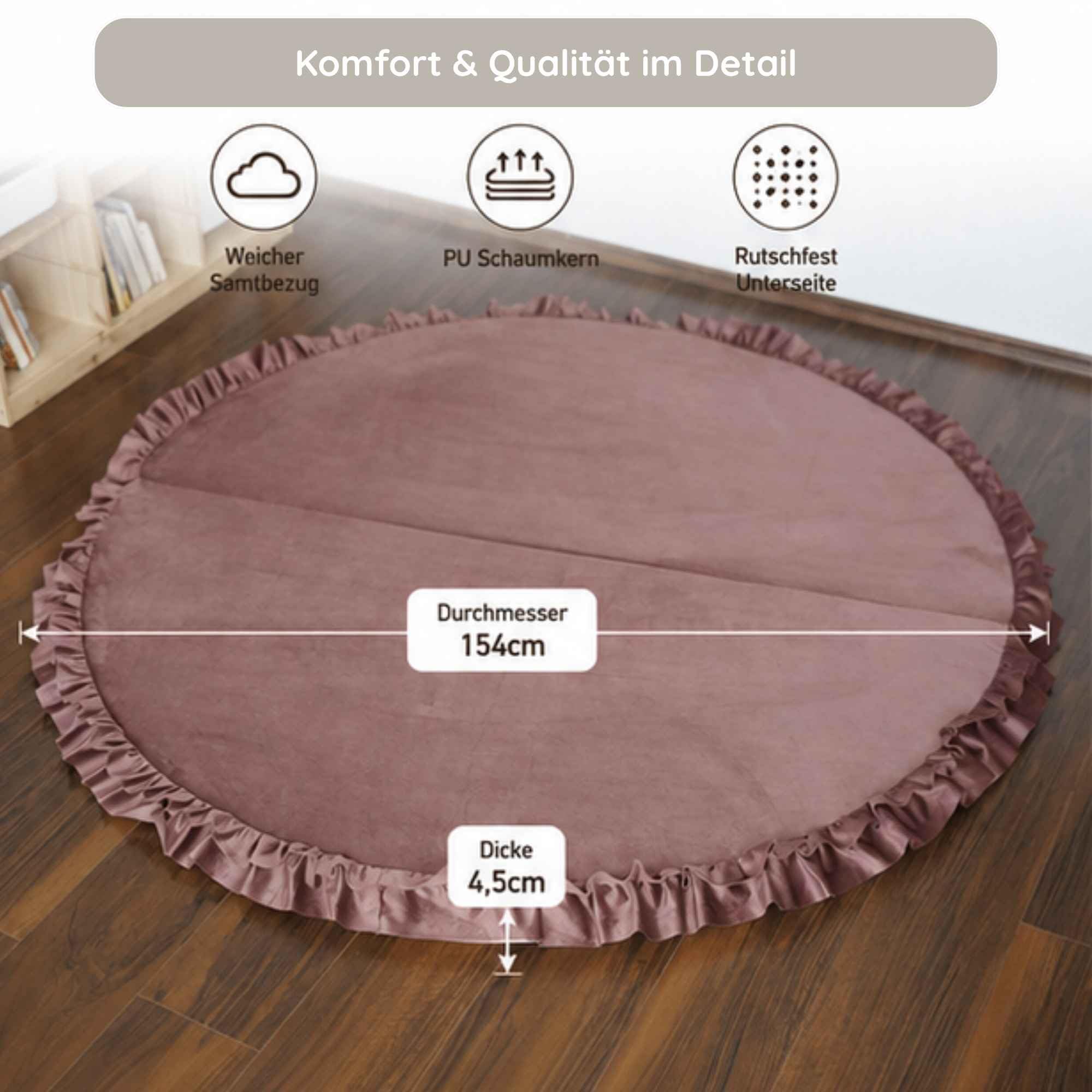 Liya's World Baby Spielmatte Rund, Pink, mit Rüschen | Ø 154cm, Faltbare Krabbelmatte/Babymatte, Aus Samt, Für Kinderzimmer & Babyzimmer, Waschbar & Gepolstert