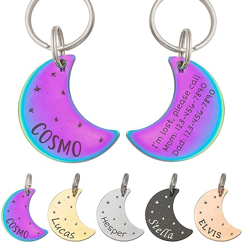 Anavia Starry Sky Theme Pet ID Tags in Half Moon & Star Shape, Personalized Dog Name Tag Cat Tag, Glossy Stainless Steel Gold Plated Black Rainbow