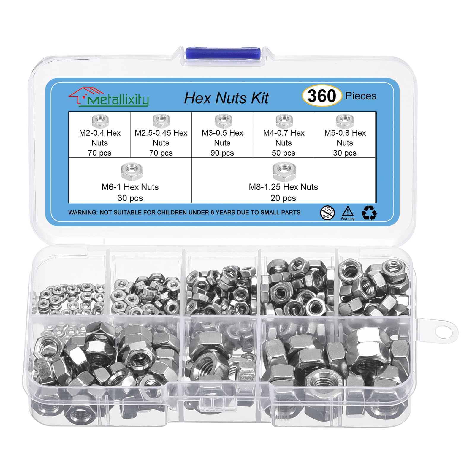 METALLIXITY Hex Nuts Assortment Kit (M2-0.4, M2.5-0.45, M3-0.5, M4-0.7, M5-0.8, M6-1, M8-1.25) 360Pcs