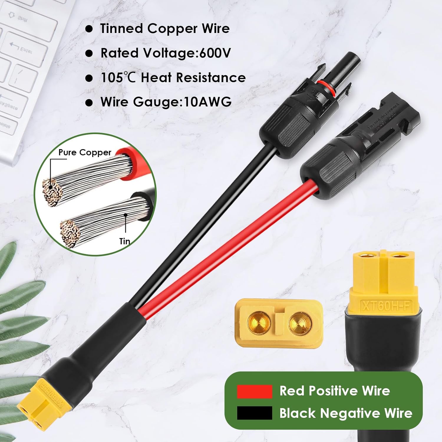 Solar to XT60 Extension Cable 10AWG 100FT Solar Connector to XT60 Adapter Cable for Solar Panel to Portable Power Station Solar Generator Battery Pack