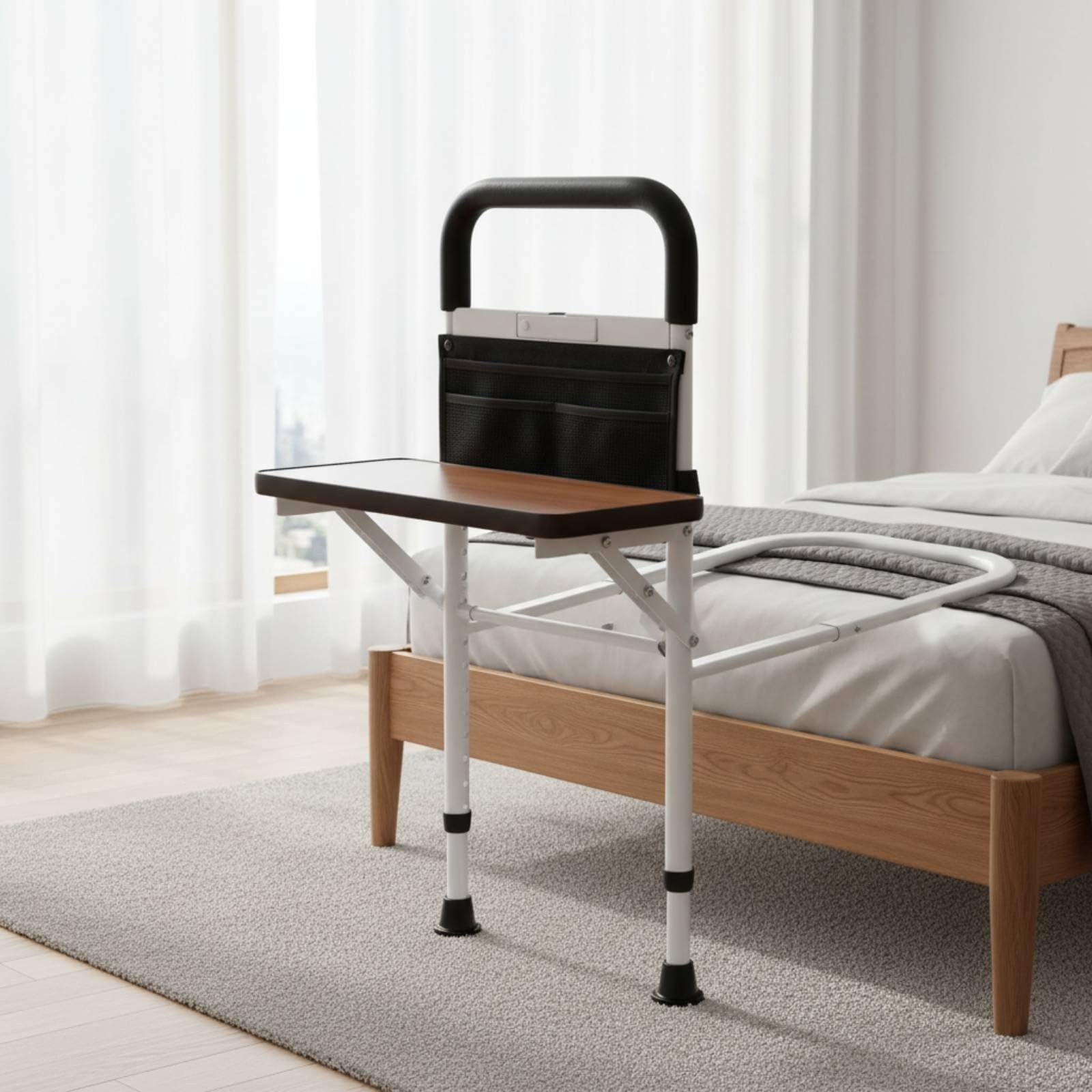 de Cama para Ancianos Asidero Protector Soporte con Bandeja y Luz Nocturna con Agarre Curvo Cómodo y Puntos de Apoyo, con Luz Y Mesa - Barandilla De Cama Elevable