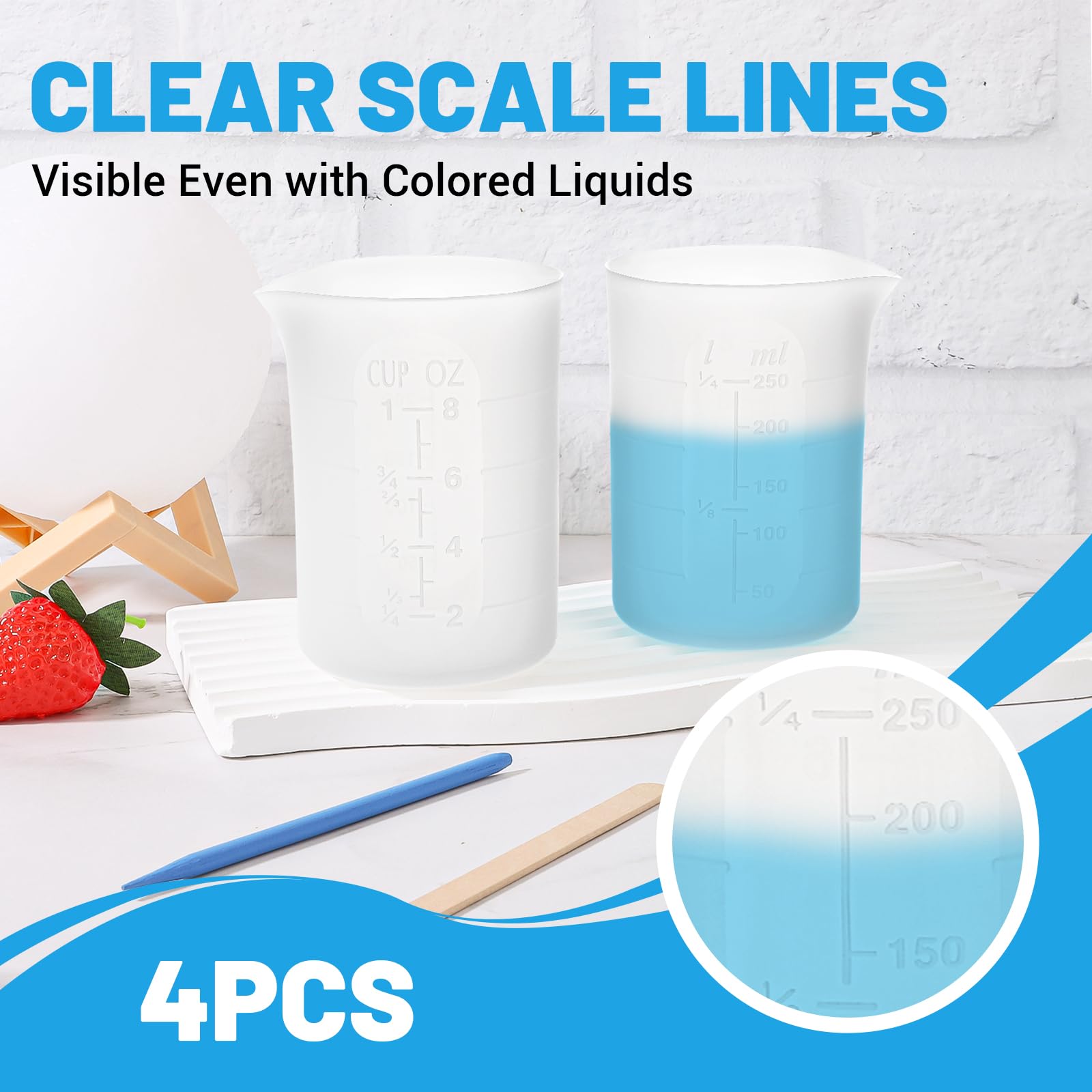 Misurino in Silicone 250ml, 4 Pezzi Misurino Graduato Silicone, Bicchiere Dosatore in Resina Epossidica, Tazze di Miscelazione Antiaderenti, per Stampi Resina Epossidica, Pittura