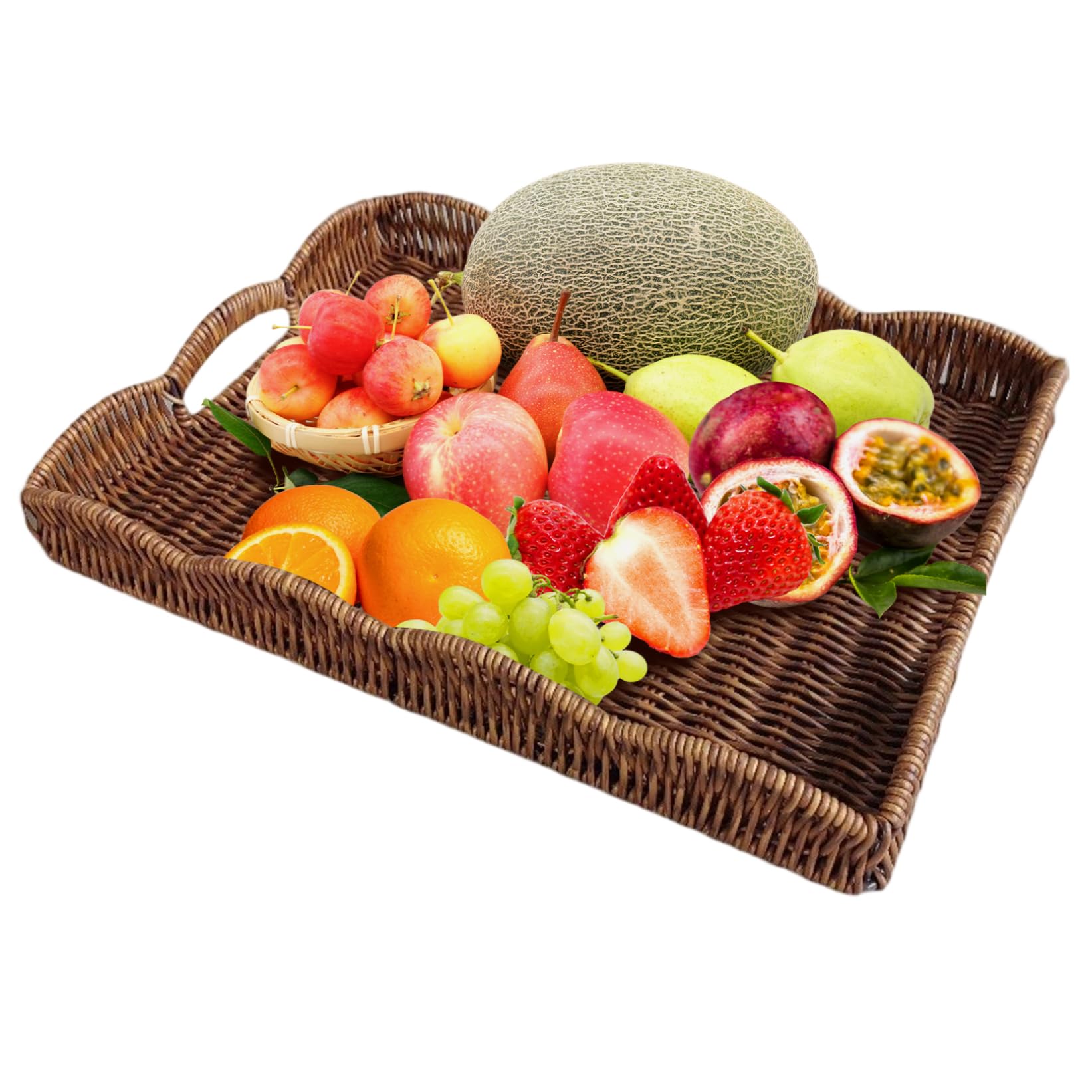 Scalloped Tray Large Rectangle Wicker Tray with Built-in Handles Decorative Serving Basket for Decorative & Organizing 14.8x11x2 Inch Scalloped, Large Serving, Wicker