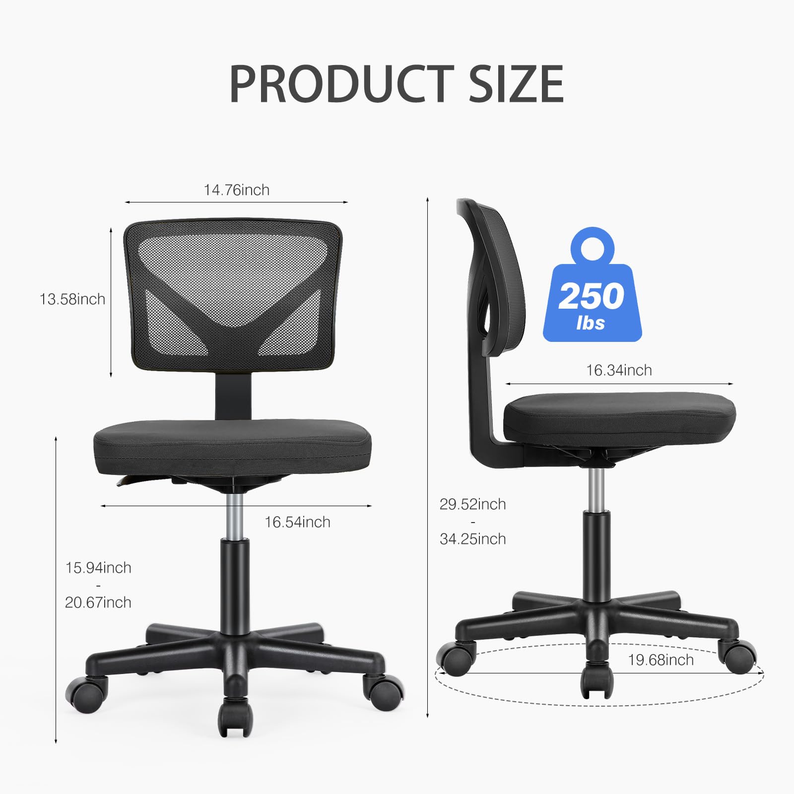 NEWBULIG Home Office Desk Chair, Armless Ergonomic Swivel Computer Chair with Wheels, Adjustable Height and Low-Back Mesh Design, Rolling Chair with Lumbar Support and Comfortable Seat, Black