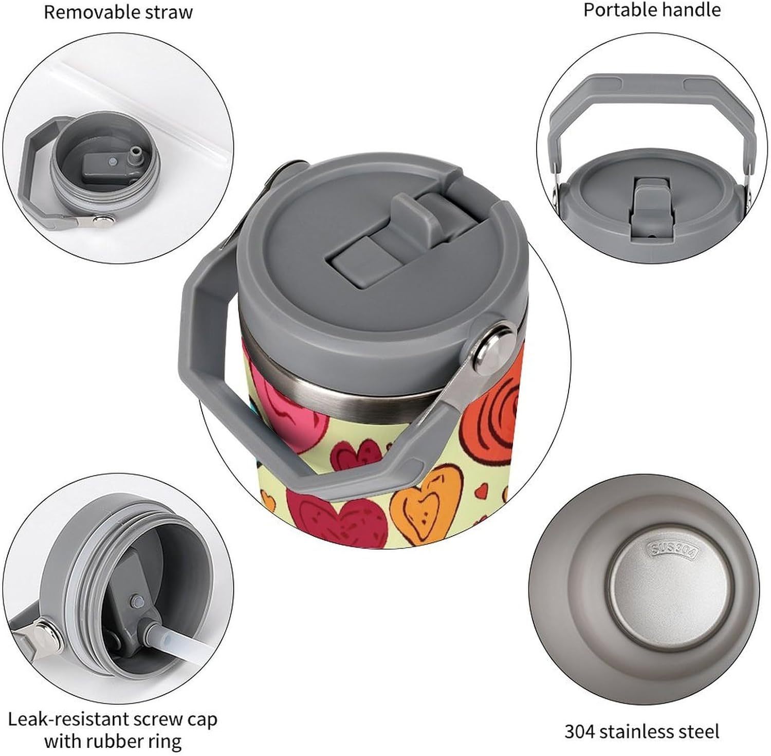 Colorful Heart Pattern Water Bottle 30 Oz Fits Car Cup Holder,Insulated Coffee Mug Large Capacity Car Cups,Stainless Steel Double Wall Sport Bottle for Travel Sports Gym