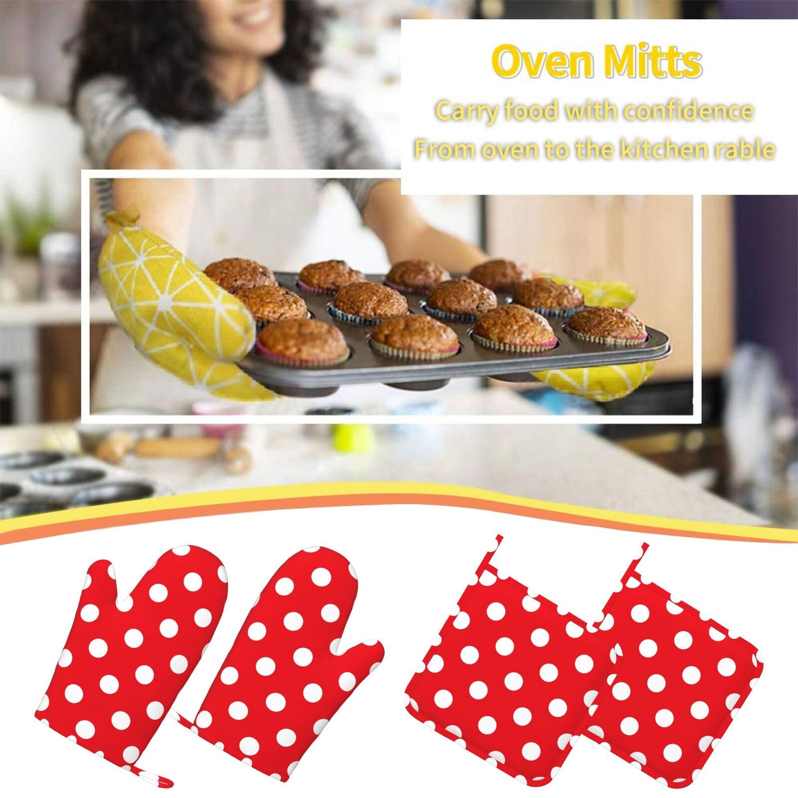 Juego de 4 Manoplas de Horno y Soportes para ollas de Lunares Rojos y Blancos, Guantes de Silicona Resistentes al Calor y Almohadillas Calientes para Cocina, Cocina, Hornear, Asar, Barbacoa, Chef