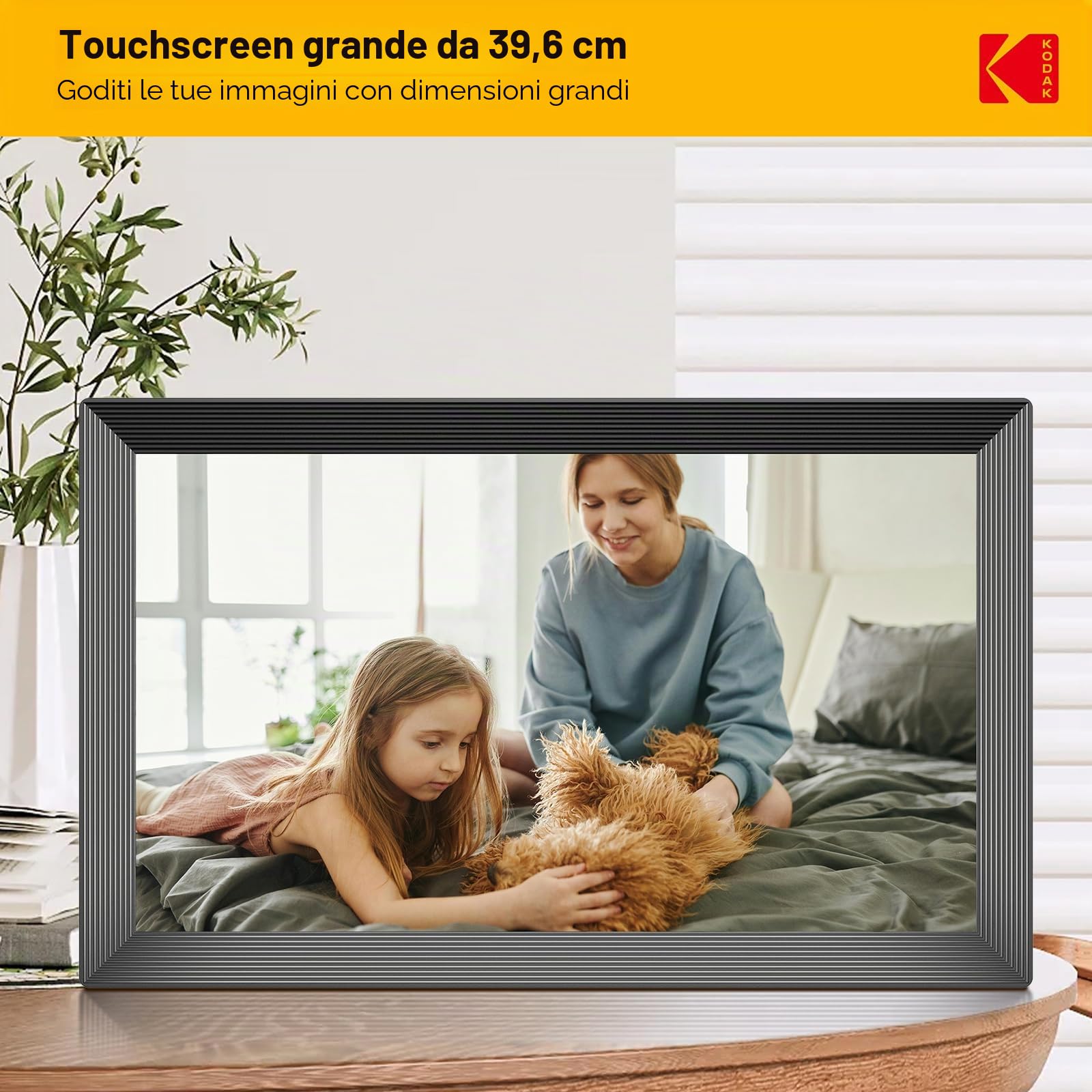 KODAK Cornice per foto digitale, 32 GB, 15,6 pollici, WiFi, 1920 x 1080 HD, IPS Touch Screen, rotazione automatica, condividi foto e video tramite app KODAK