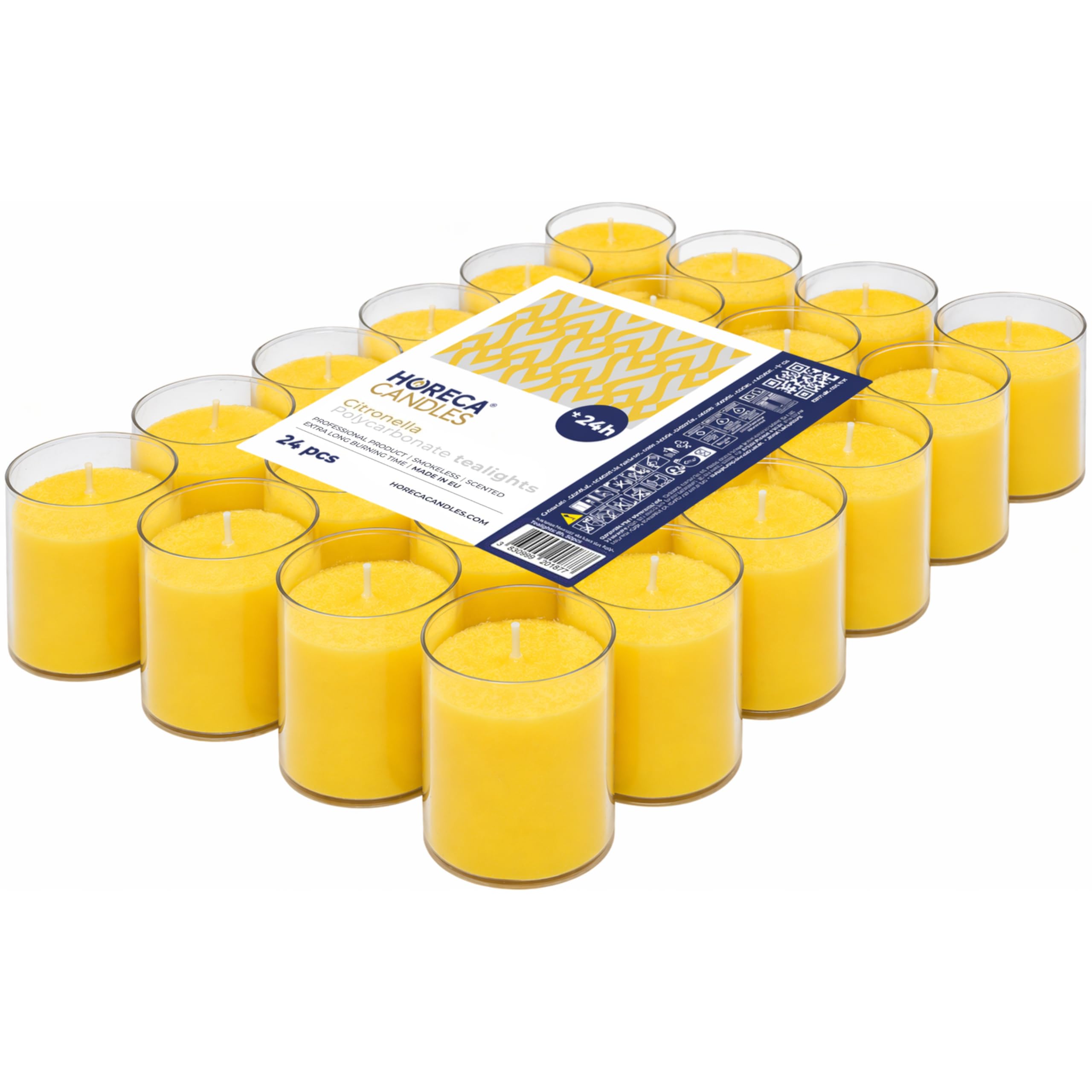 Horeca Candles - Velas de té de citronela en funda de plástico transparente - Amarillo - 24 unidades - 24 horas de combustión larga - Velas aromáticas para exteriores, balcón, picnic, camping