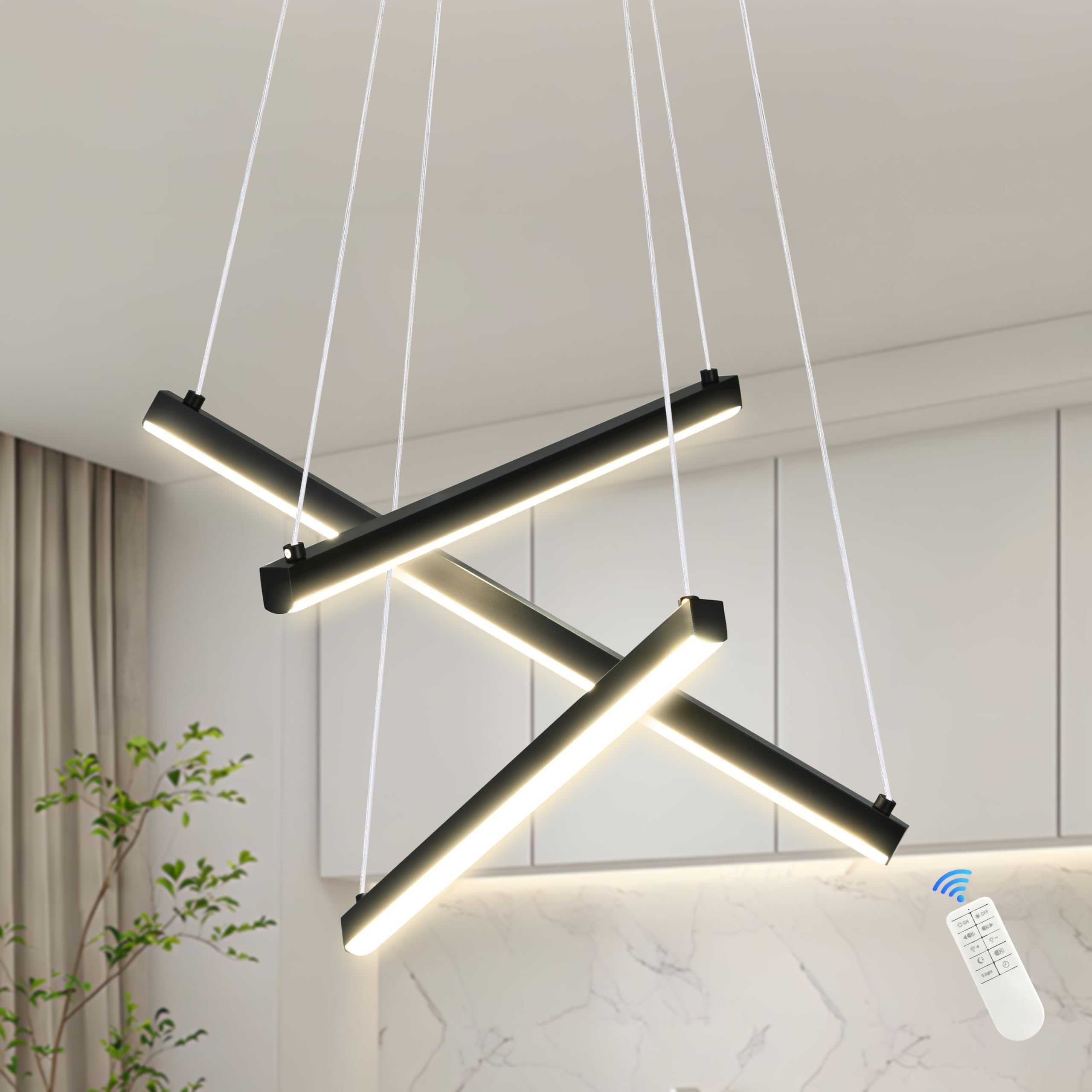 16" Black 3-Light Modern Led Chandelier for Kitchen Dimmable Linear Led Chandelier Bedroom Modern Pendant Light with Remote Control for Living Room Kitchen Bedroom Foyer
