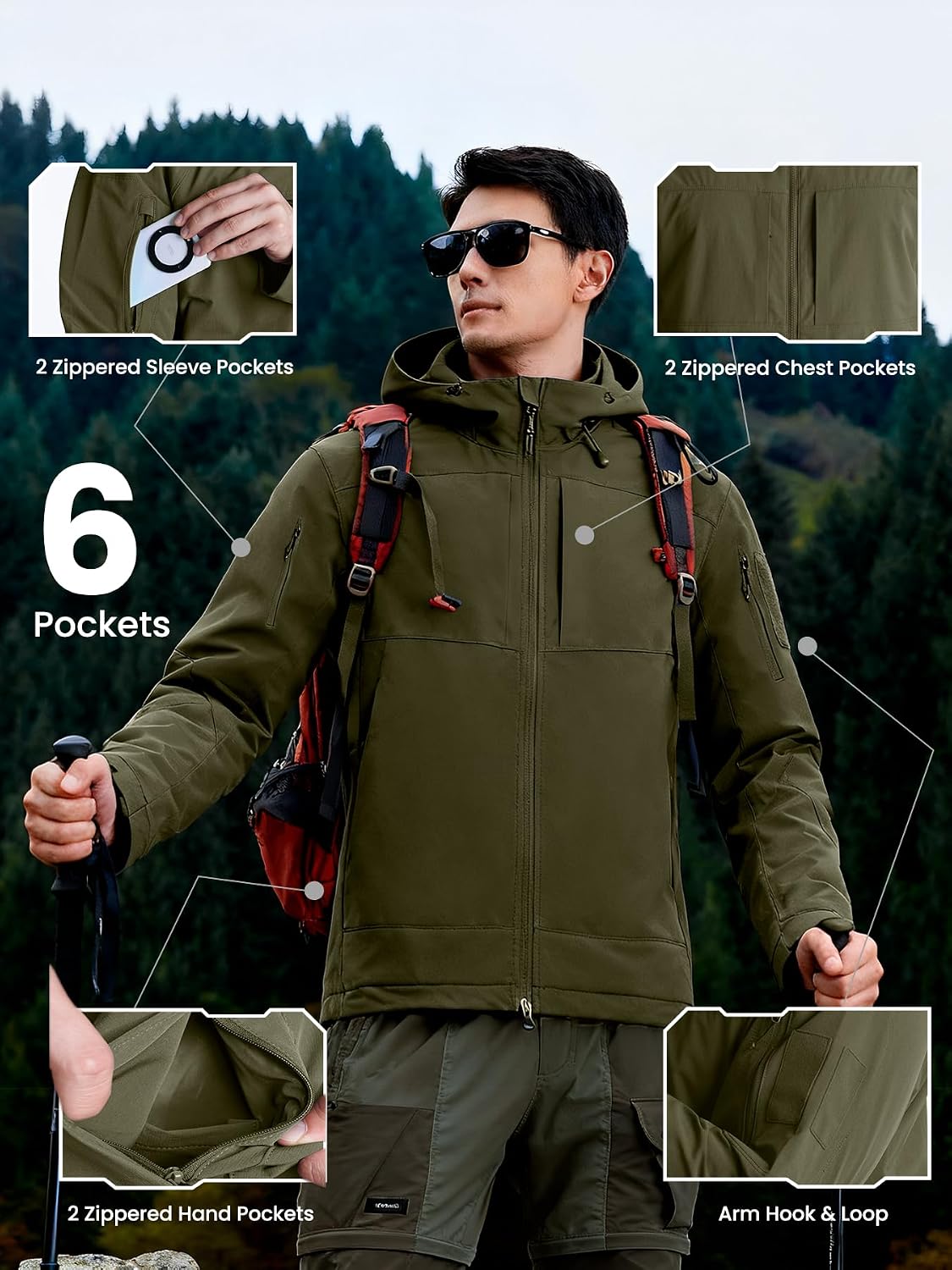 Men's Tactical Jacket Waterproof 4-Way Stretch, Lightweight Hiking Hunting Rain Coat
