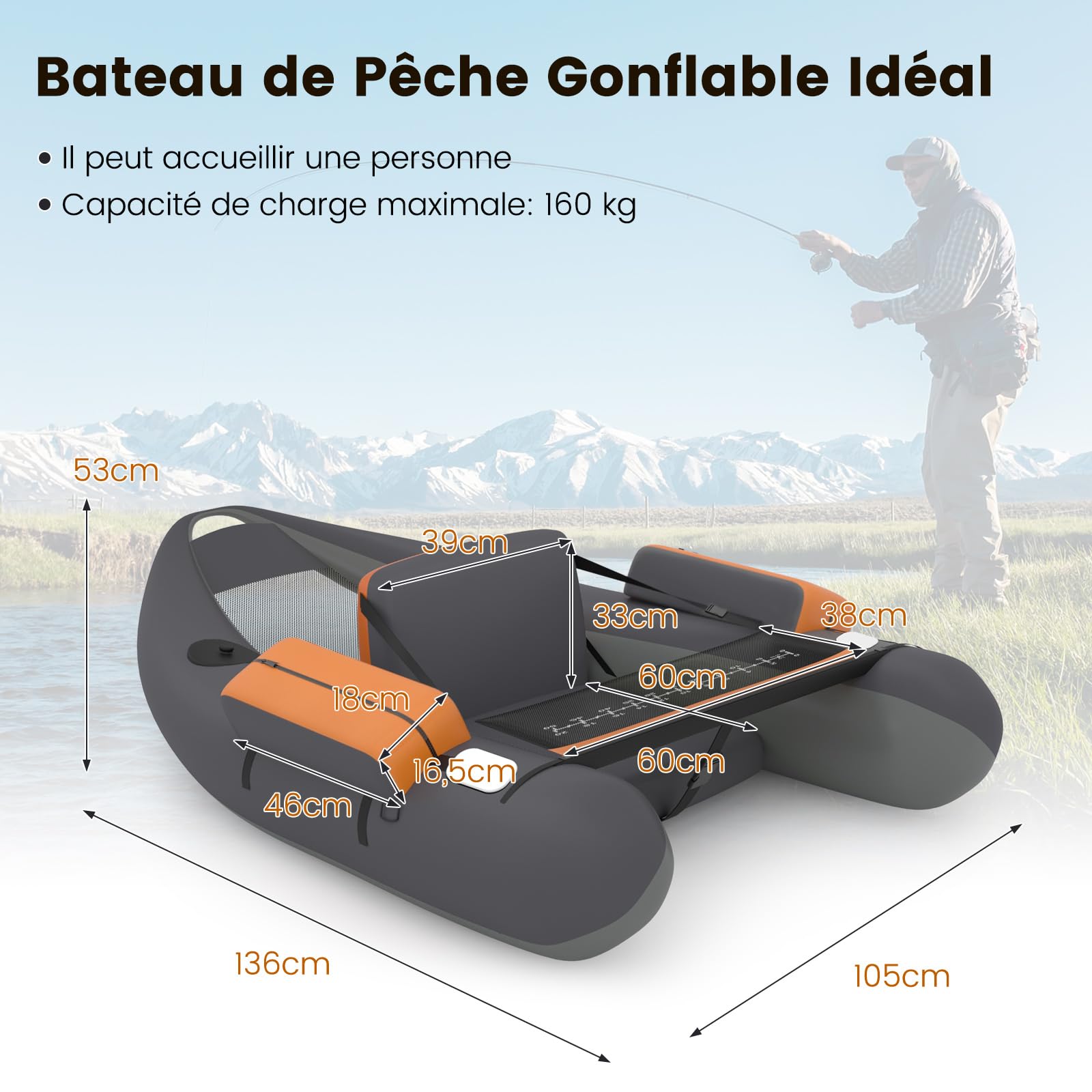 COSTWAY Bateau de Pêche Gonflable avec Sangles Ajustables Palmes et Pagaies en Aluminium, Bateau Gonflable avec Poches de Rangement, Crochet à Poisson, Capacité de Charge de 160 KG