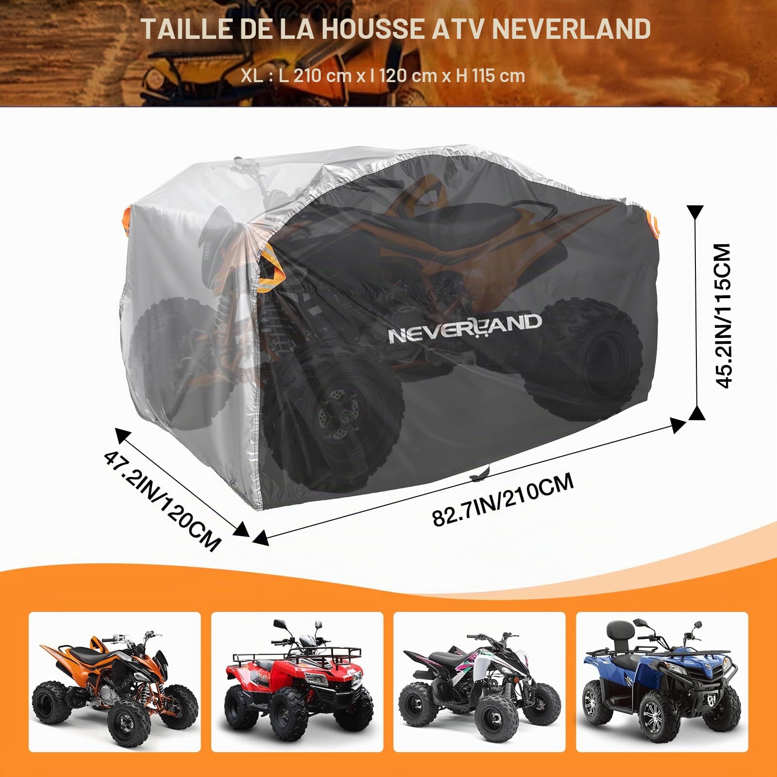 NEVERLAND Bâche ATV Imperméable, Housse pour Quad 210x120x115cm | Housse de Quad ATV Double Face en Polyester Résistant, Protection Extérieure Neige, Pluie, UV, Poussière