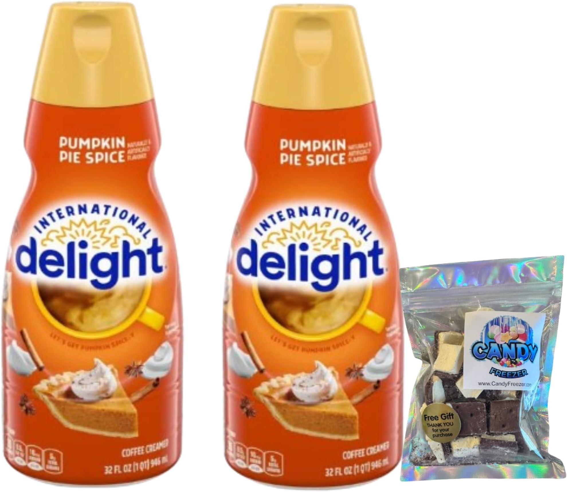 Candy Freezer International-Delight Liquid Coffee Creamer.- Two (2) 32 fl oz Bottles of Creamy Smooth Delightful Coffee Creamer and 1 oz Freeze Dried Ice Cream Bites (Pumpkin' Pie Spice)