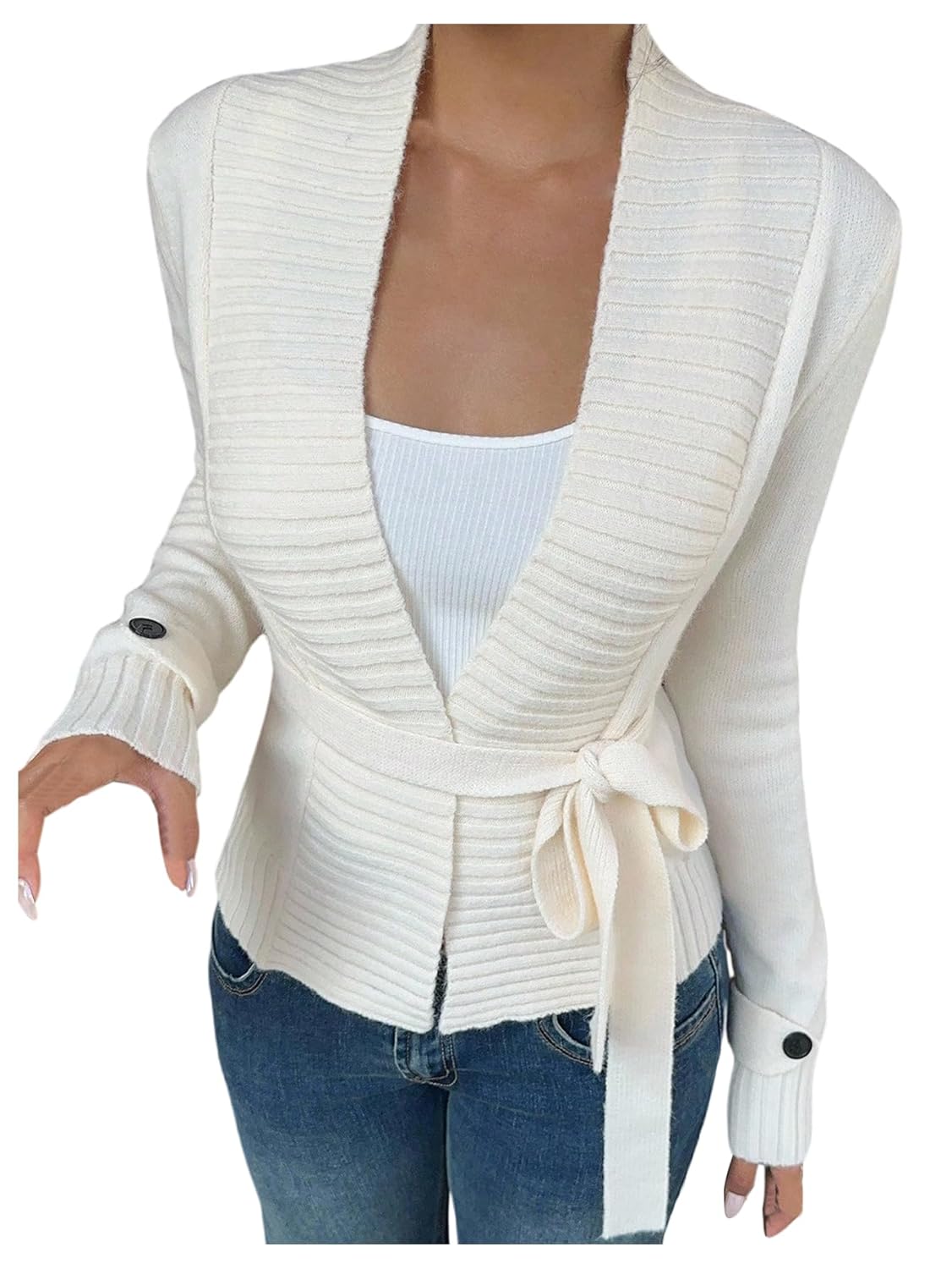 MakeMeChic Womens Winter Wrap Sweater Cardigan Old Money Tie Front Long Sleeve Belted Outerwear