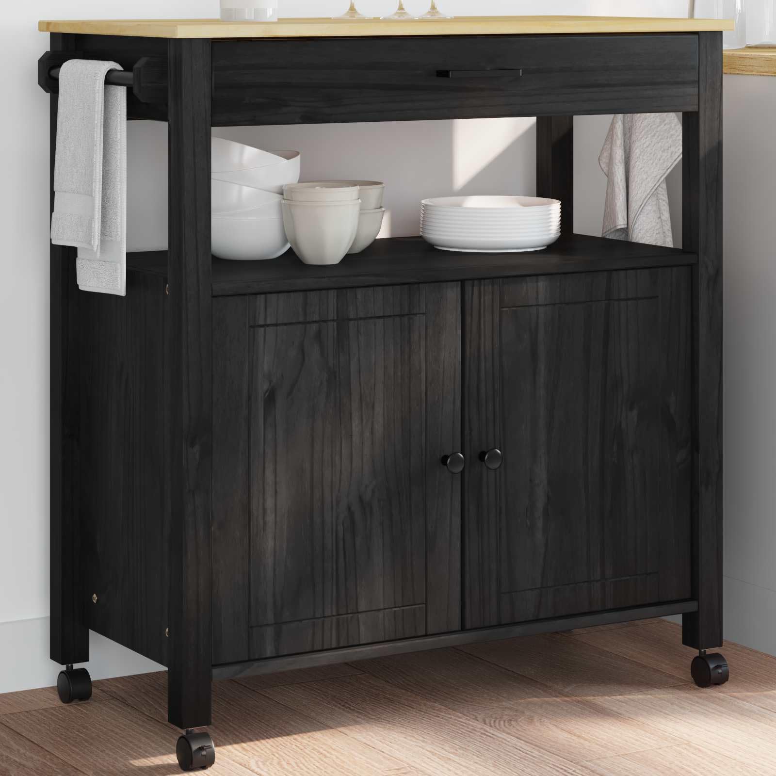 Küchentrolley Monza Schwarz 84 x 40 x 88,5 cm aus massiver Kiefer, modernes Rollwagen mit Regal & Schublade, schmaler Servierwagen für kleine Küche, Living & Dining