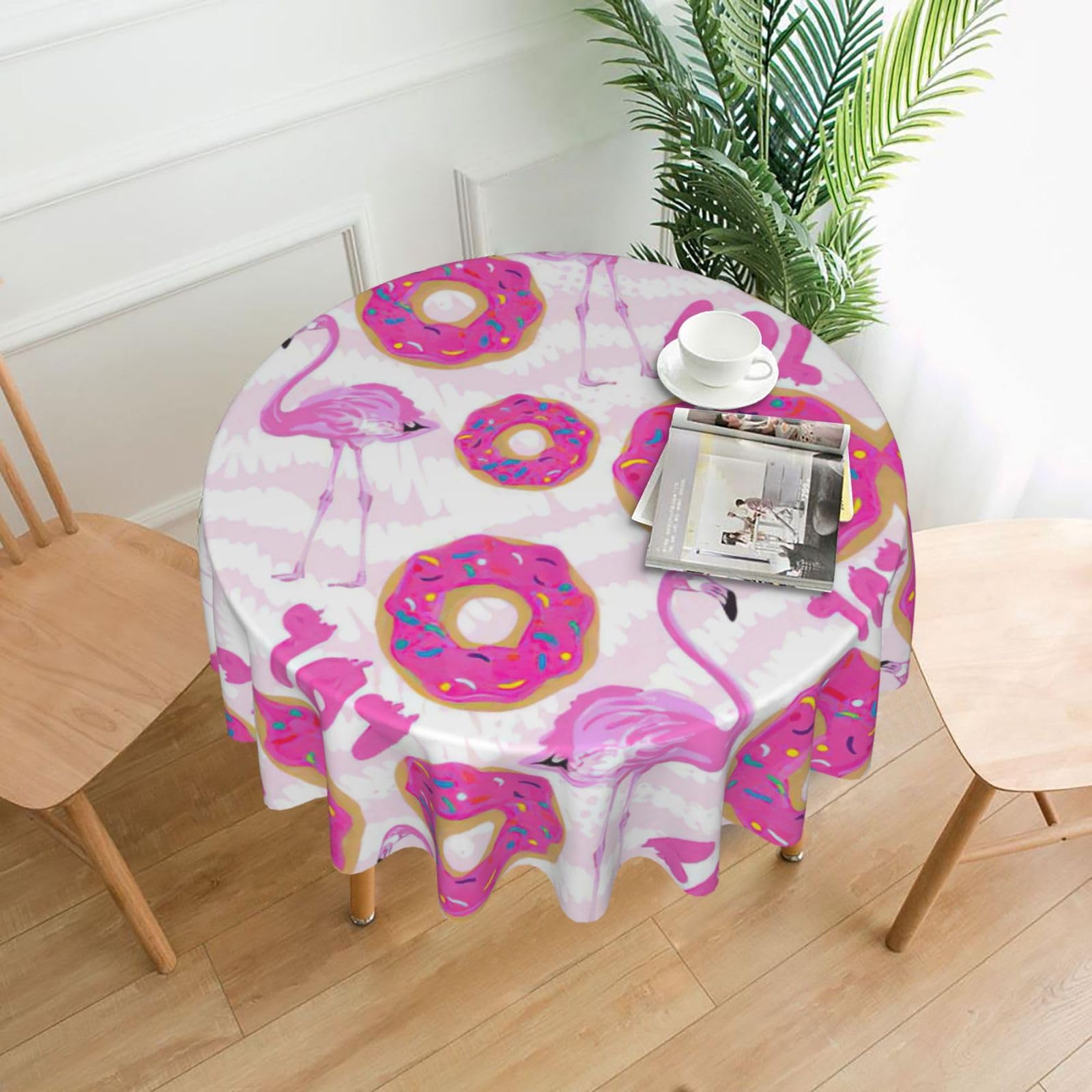 VCzsdff Flamingo and donuts Print Stain Resistant Round Tablecloth 60in Family Friendly Polyester Cloth for Kids Meals