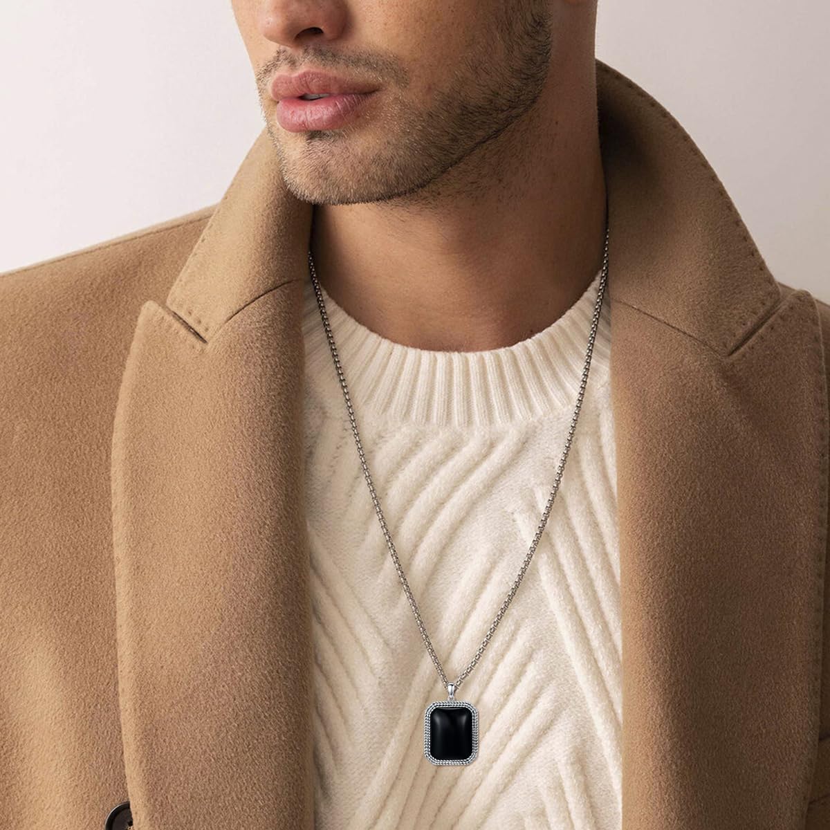 Black Obsidian Necklace 925 Sterling Silver Dragon Scale Square Obsidian Pendant Necklaces for Men, w/Stainless Steel Chain 22''+2'' - Image 2