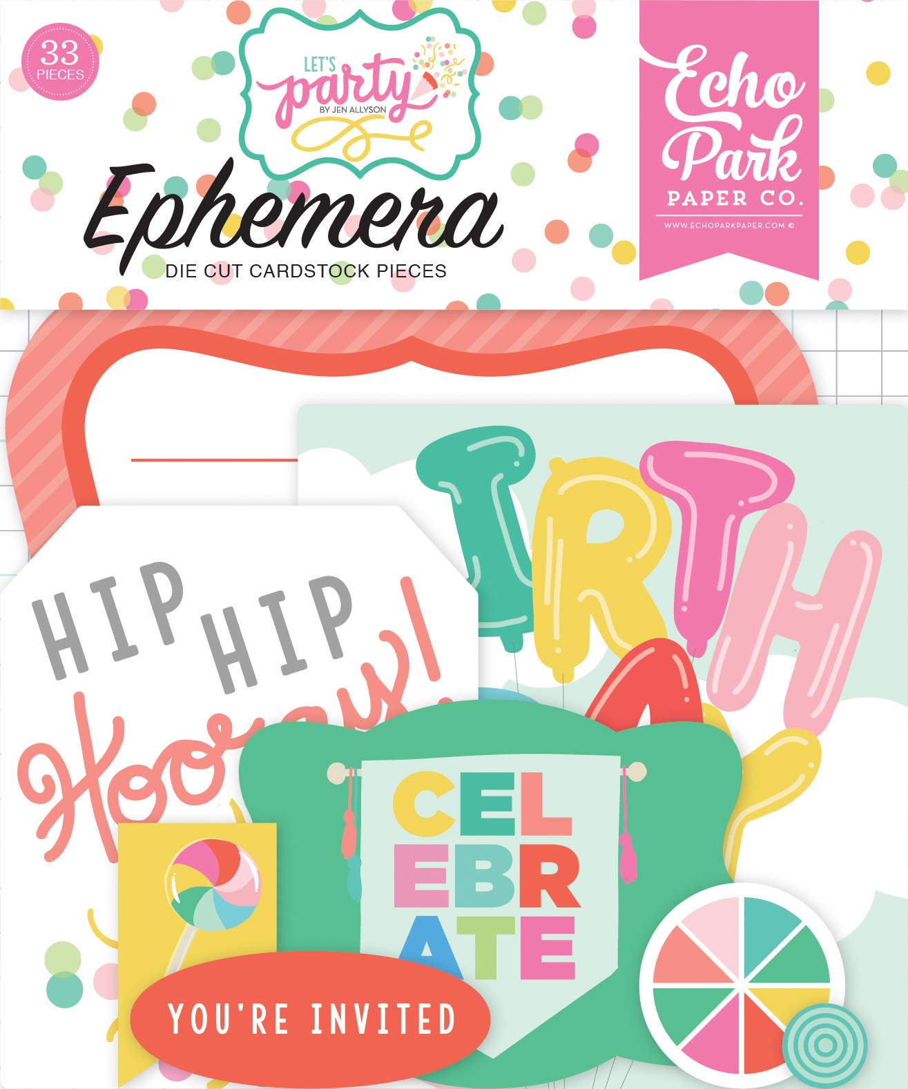 Echo Park Paper Company Let's Party ephemera, teal, pink, green, yellow