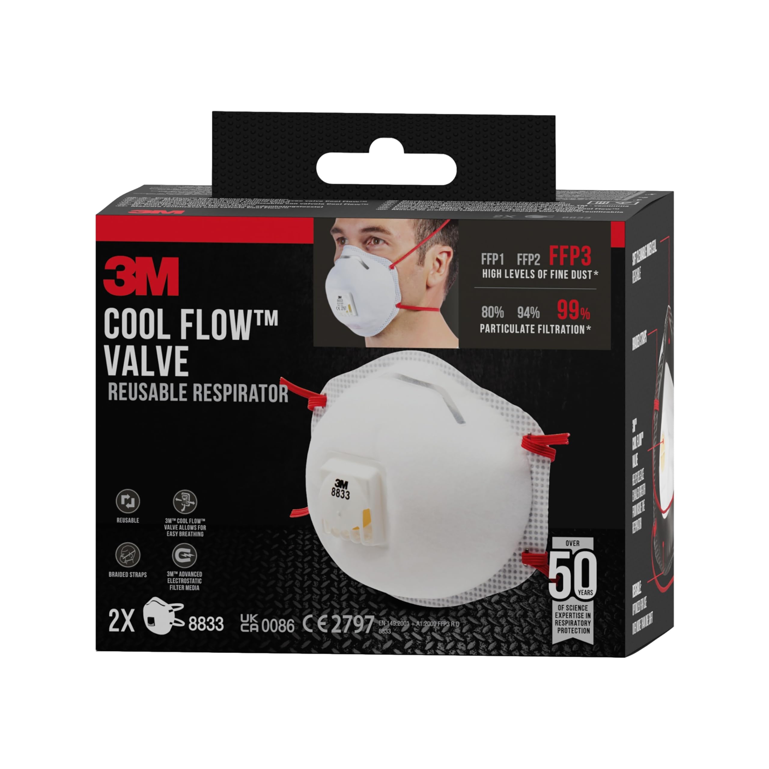 3M Particulate Maske für Dämmstoffe und Hartholz 8833C2, FFP3, Valved, Weiß, 2 pro Packung
