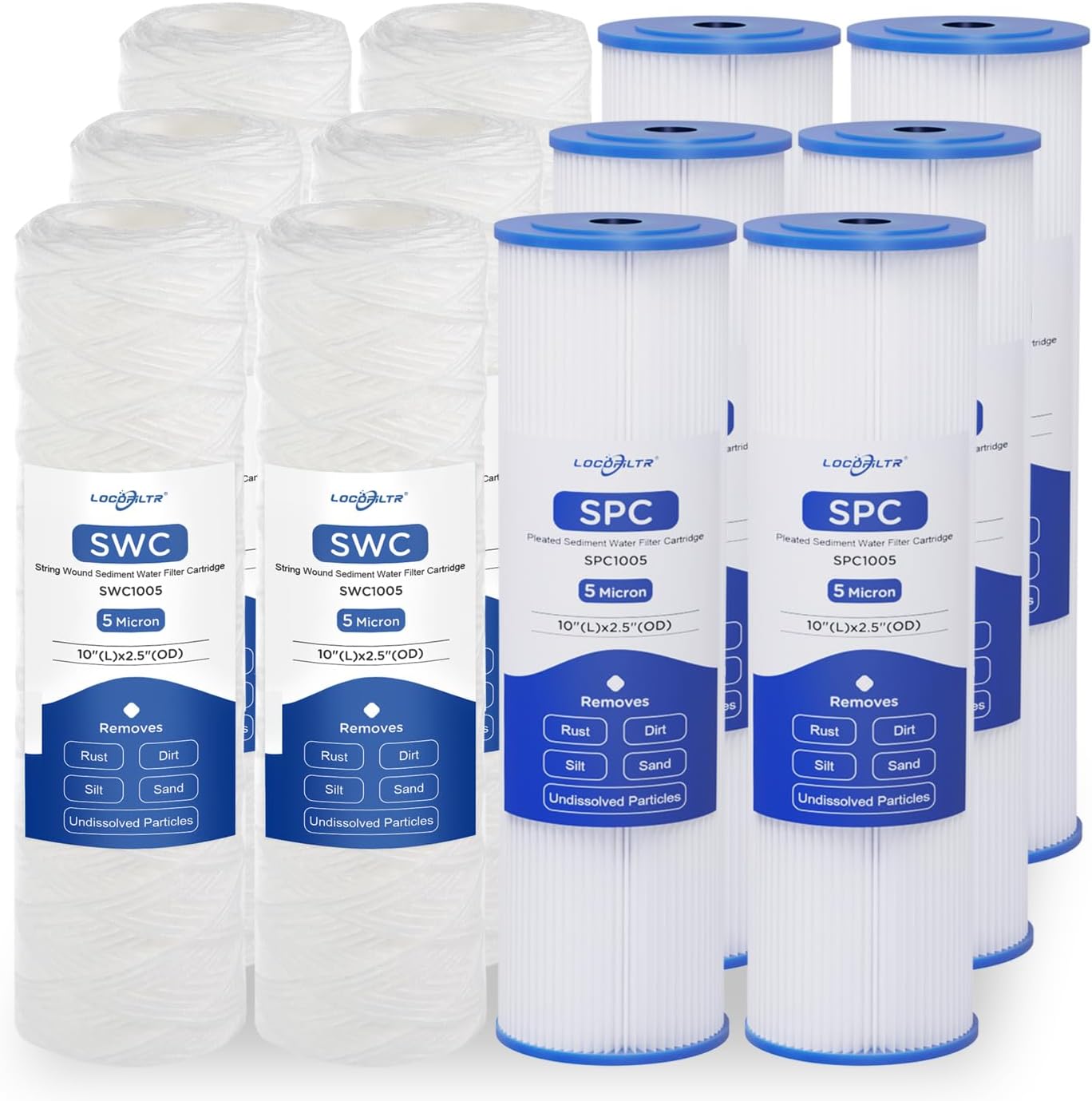 Cartucho de filtro de agua de pozo de sedimento plisado de 5 micrones y herida de cuerda de 5 micrones, 10 x 2.5 pulgadas, paquete de 12